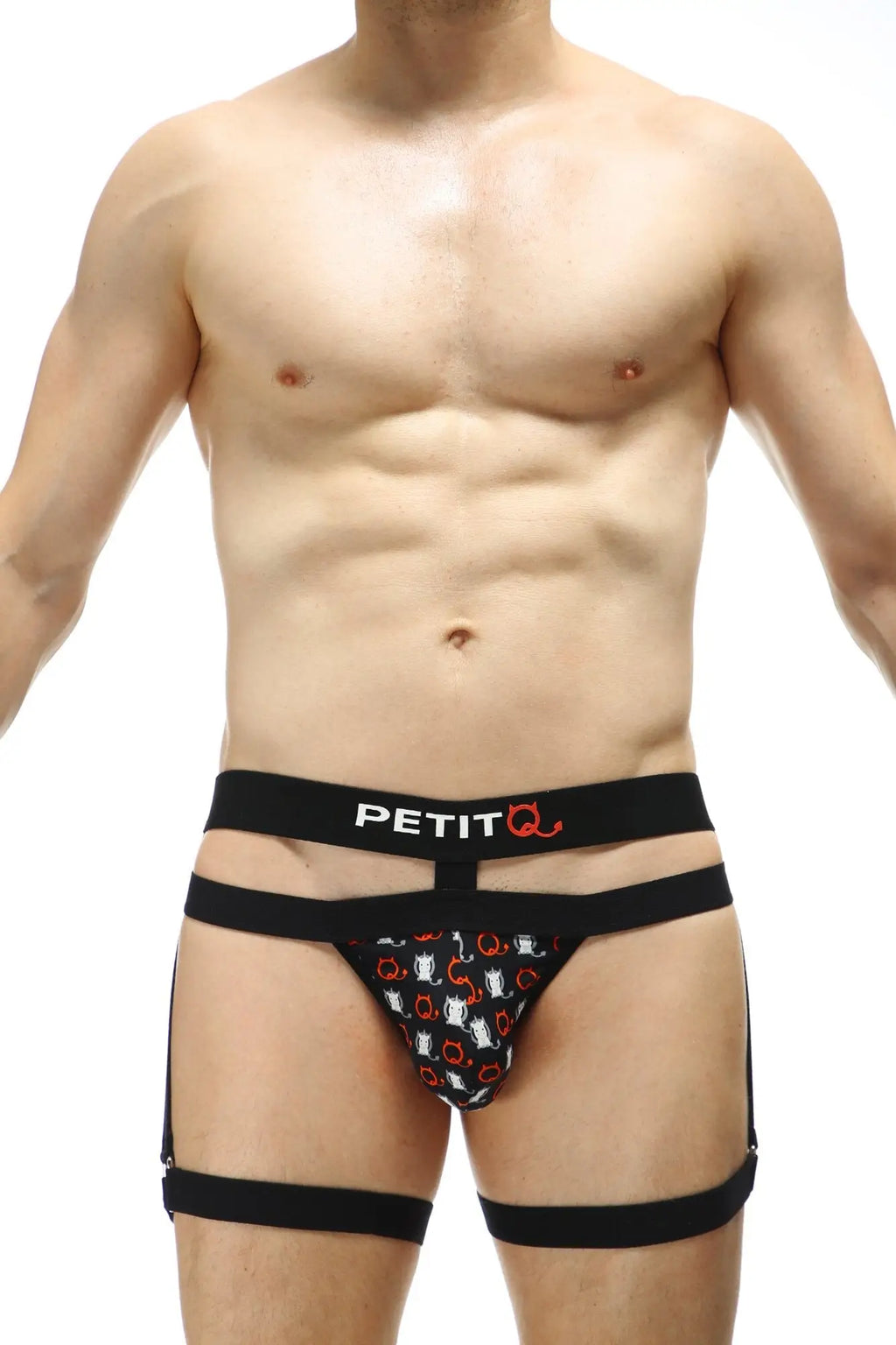 Black petitq men’s briefs with red and white cat silhouettes pattern from petitq thong maizey millesime collection