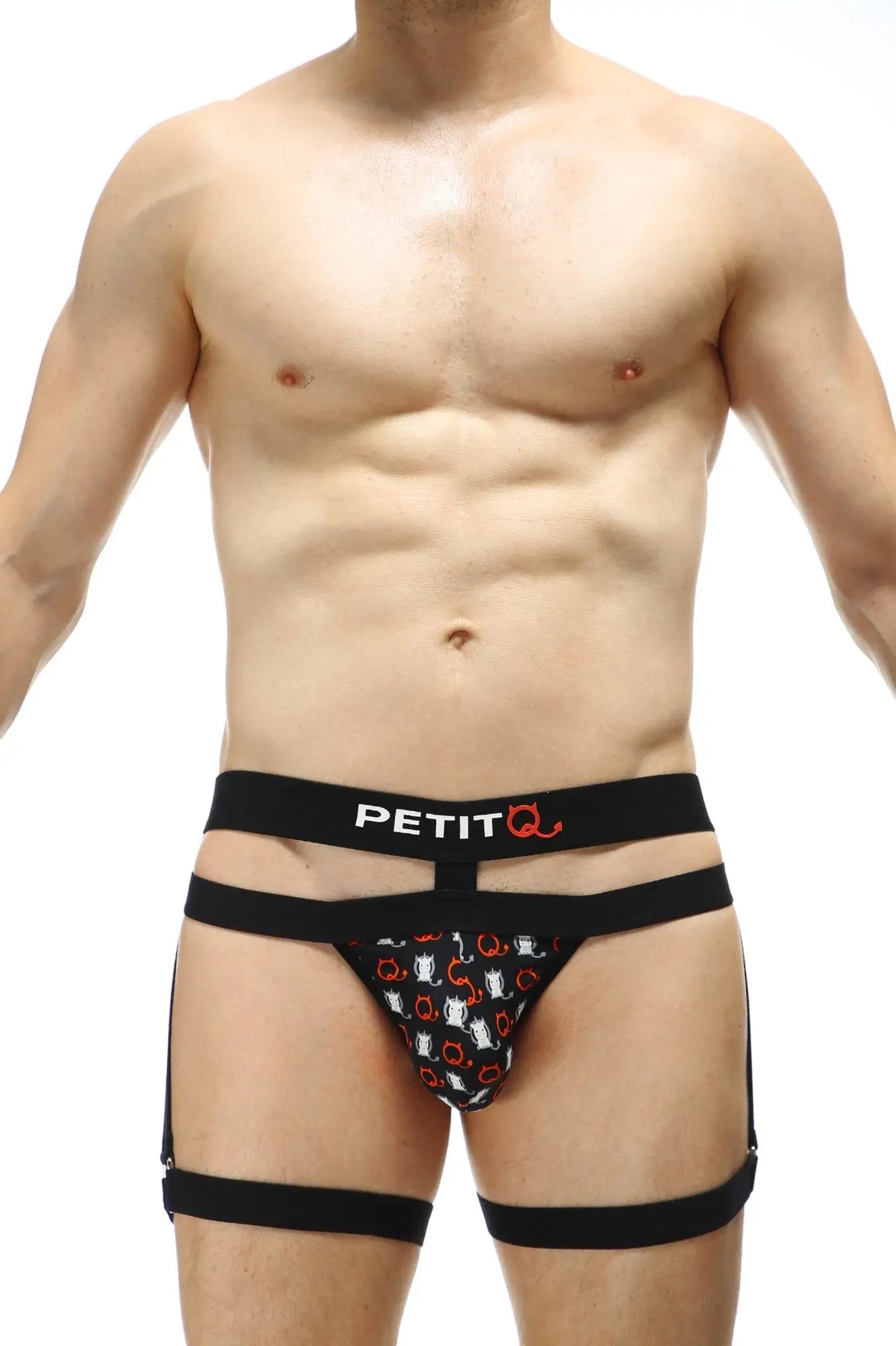 Black petitq men’s briefs with red and white cat silhouettes pattern from petitq thong maizey millesime collection
