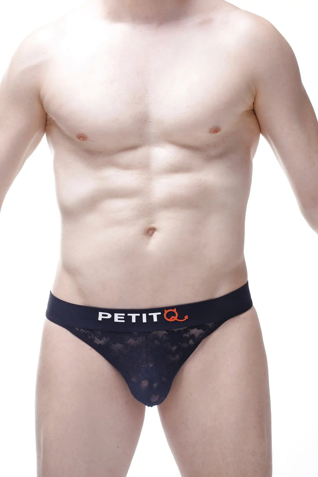 Black lace men’s briefs with petitq logo in white and orange on the waistband in petitq thong maulay lace black style