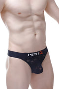 Black lace thong with petit q branding in white and orange on the waistband from petitq maulay lace collection