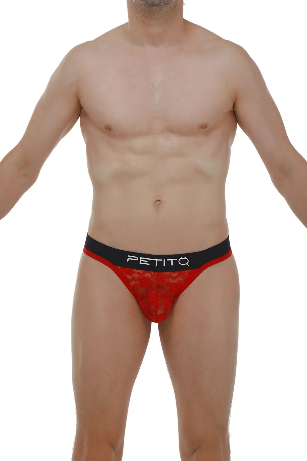 Red lace men’s thong briefs with a black petitq waistband in the color red for stylish intimate wear