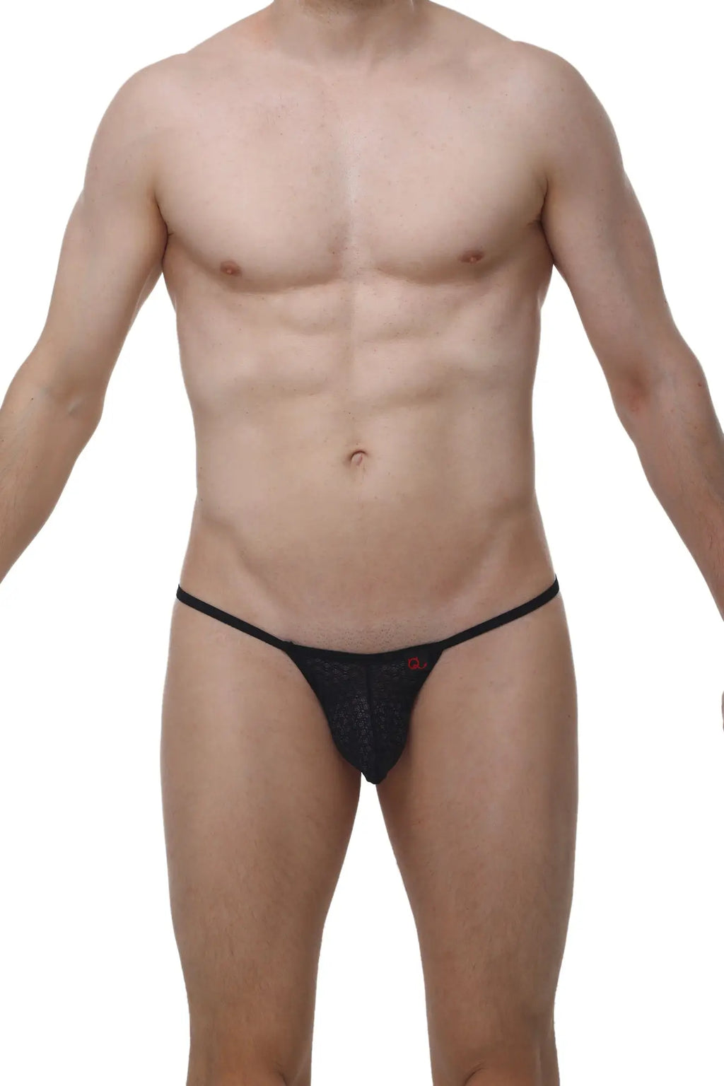Black lace thong PetitQ Migny Macra with thin waistband and subtle red logo detail showing front view