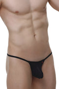 PetitQ thong Migny Macra black mesh thong with thin waistband and small red logo on the side front view