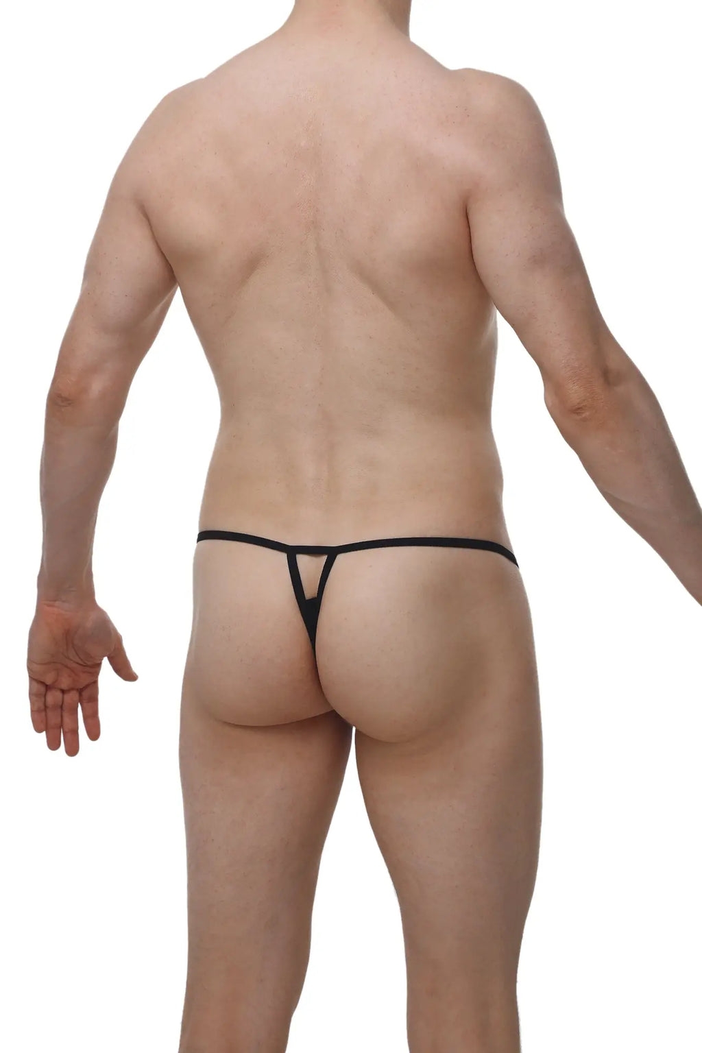 Black thong petitq thong migny macra with thin sleek design and minimalistic cut shown from the back side