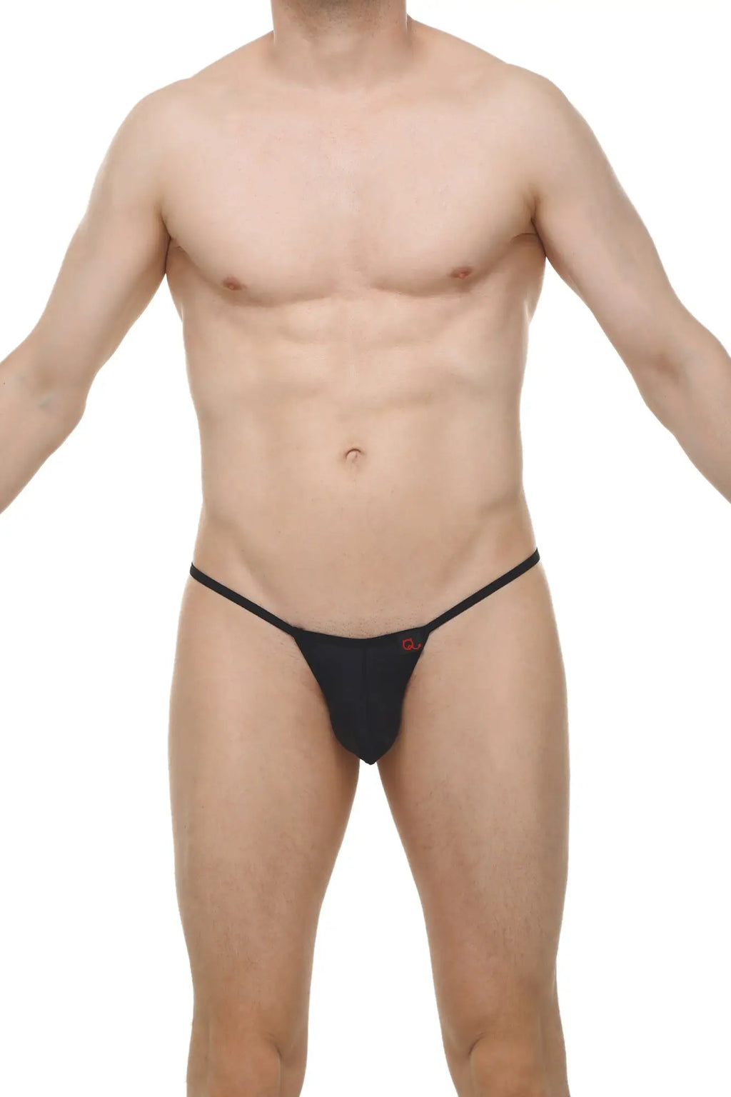 Black thong migny plum with thin elastic waistband and small red logo on the front in smooth fabric