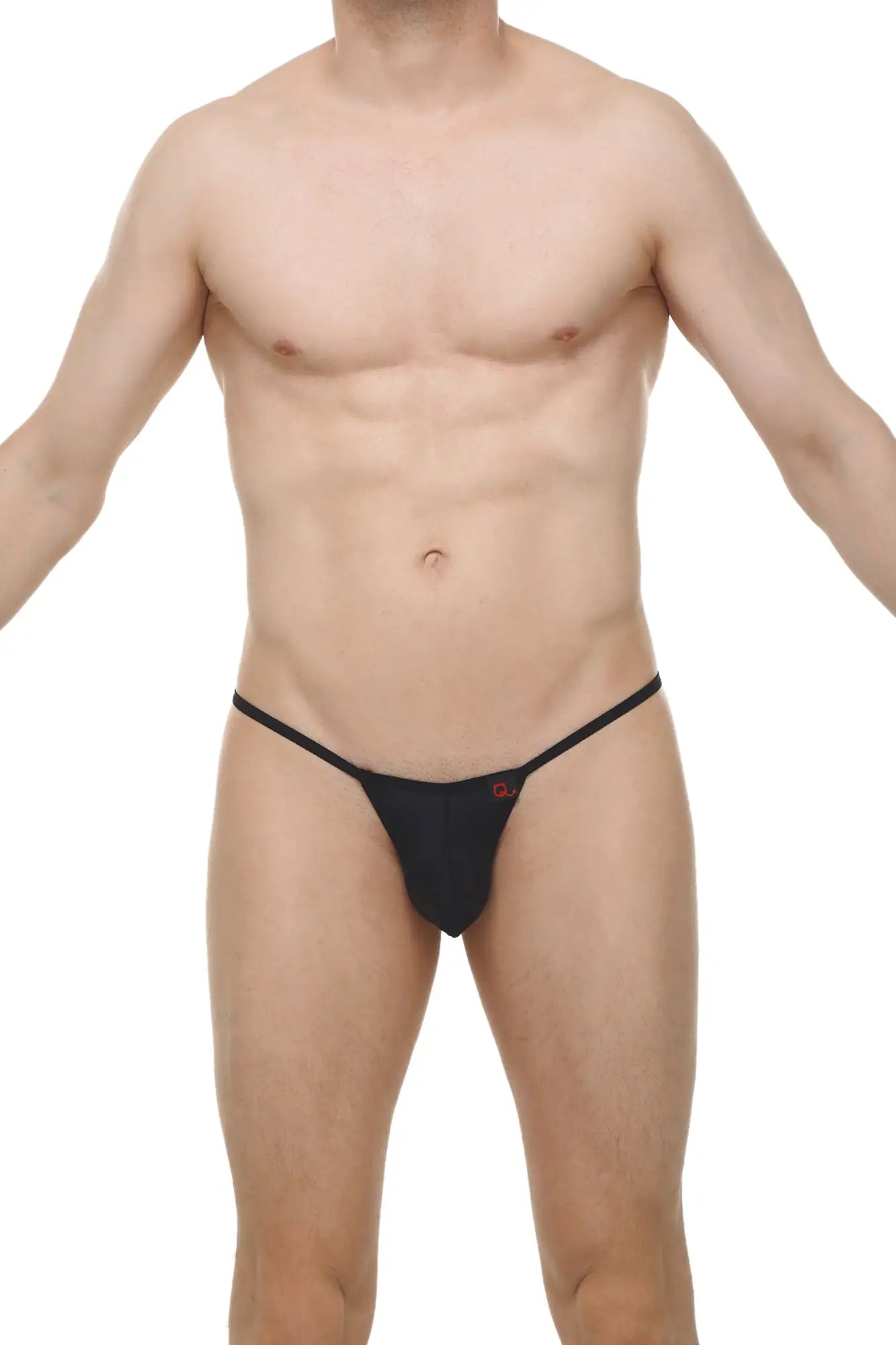Black thong migny plum with thin elastic waistband and small red logo on the front in smooth fabric