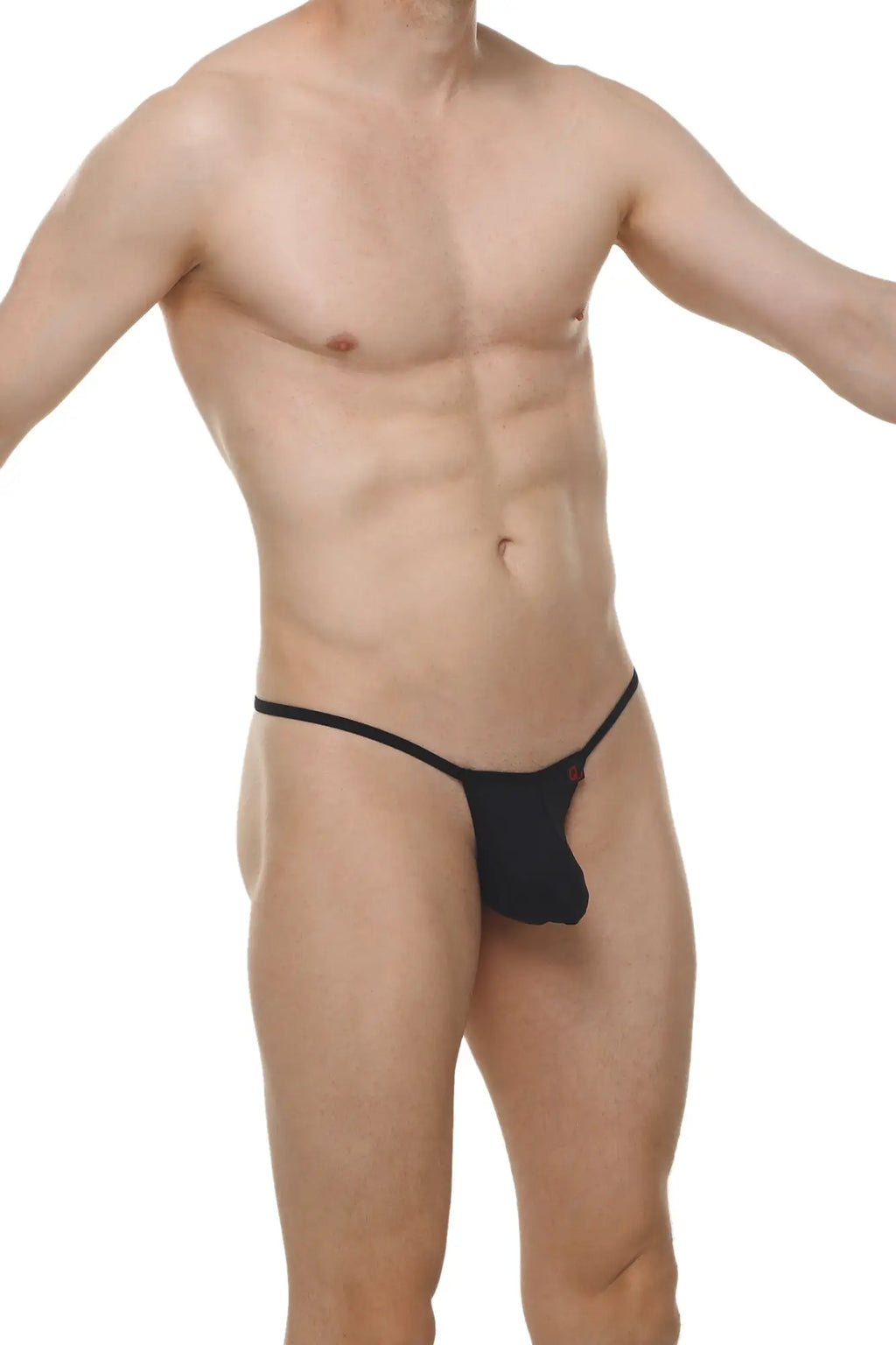 Black thong migny plum black with a thin smooth fabric waistband and snug fit shown from the back side