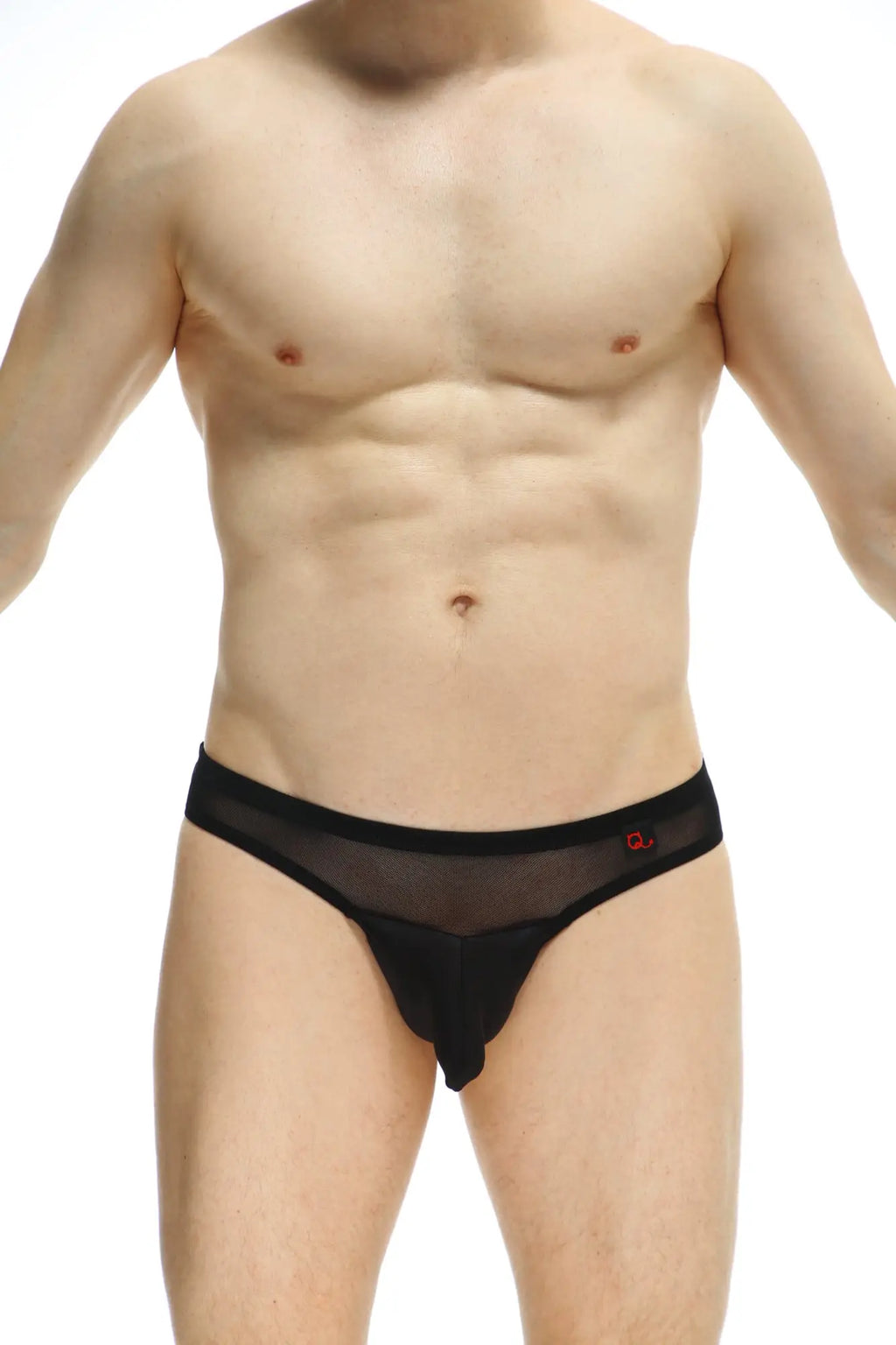 PetitQ thong Osseau black sheer mesh thong with solid black waistband and small red logo on the side