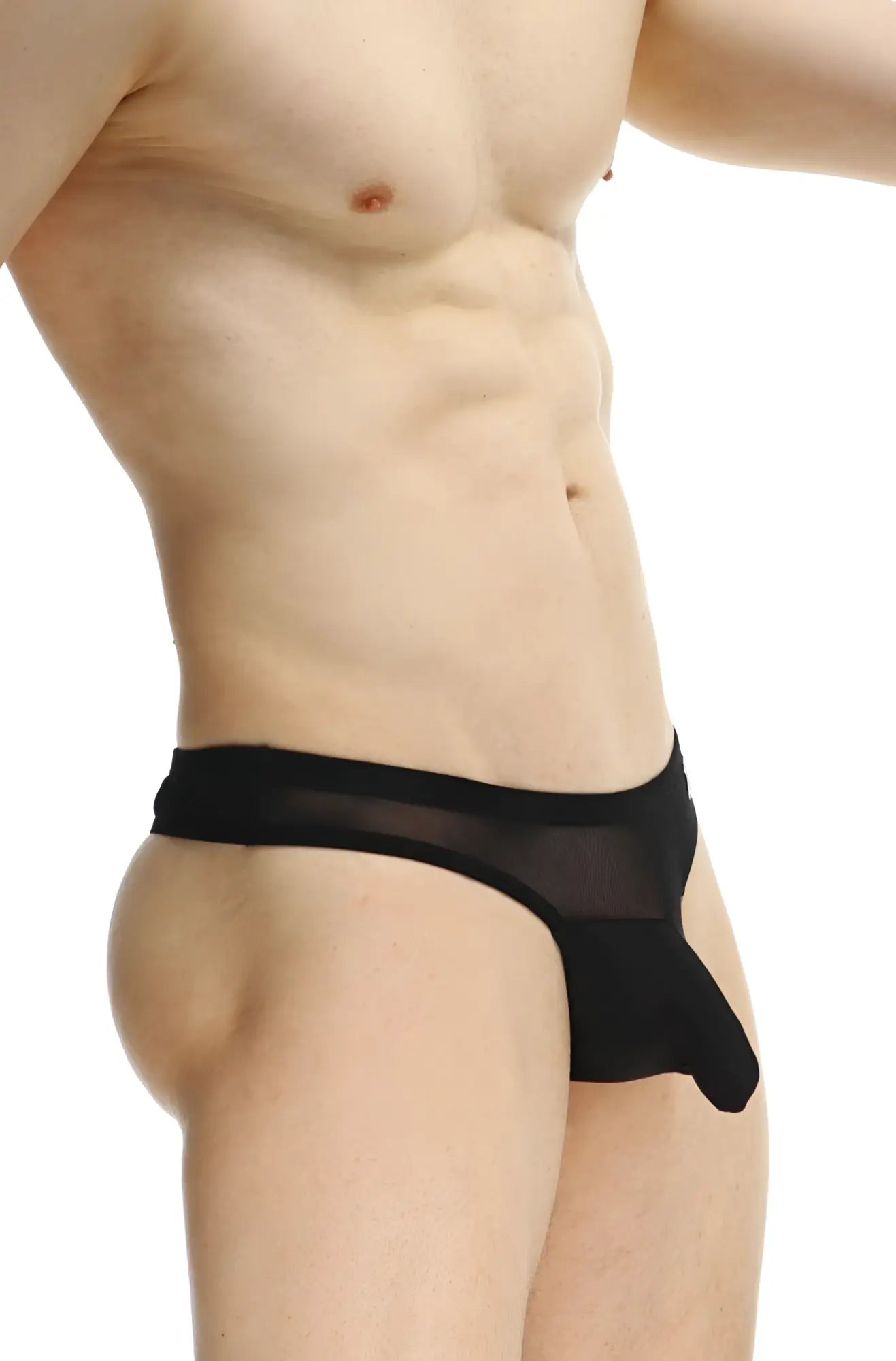 Black sheer mesh petitq thong osseau black with a solid black waistband shown from the back side