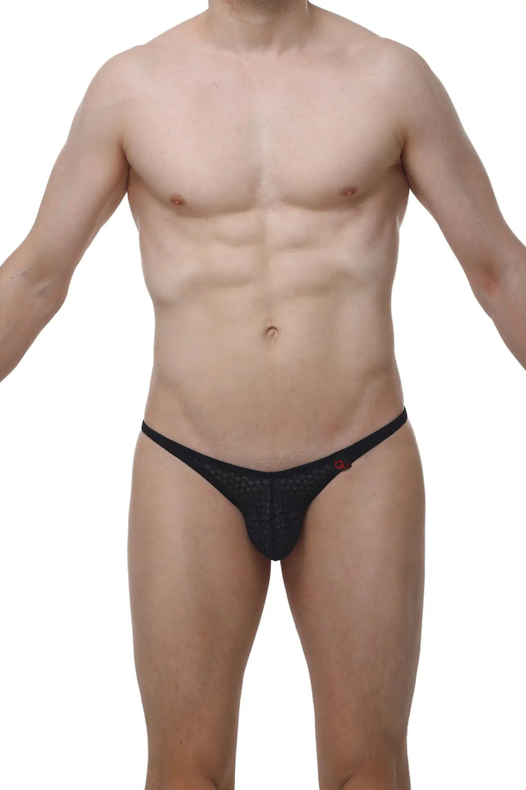 Black lace thong with subtle textured pattern and small red logo by arthus and nico in petitq underwear line