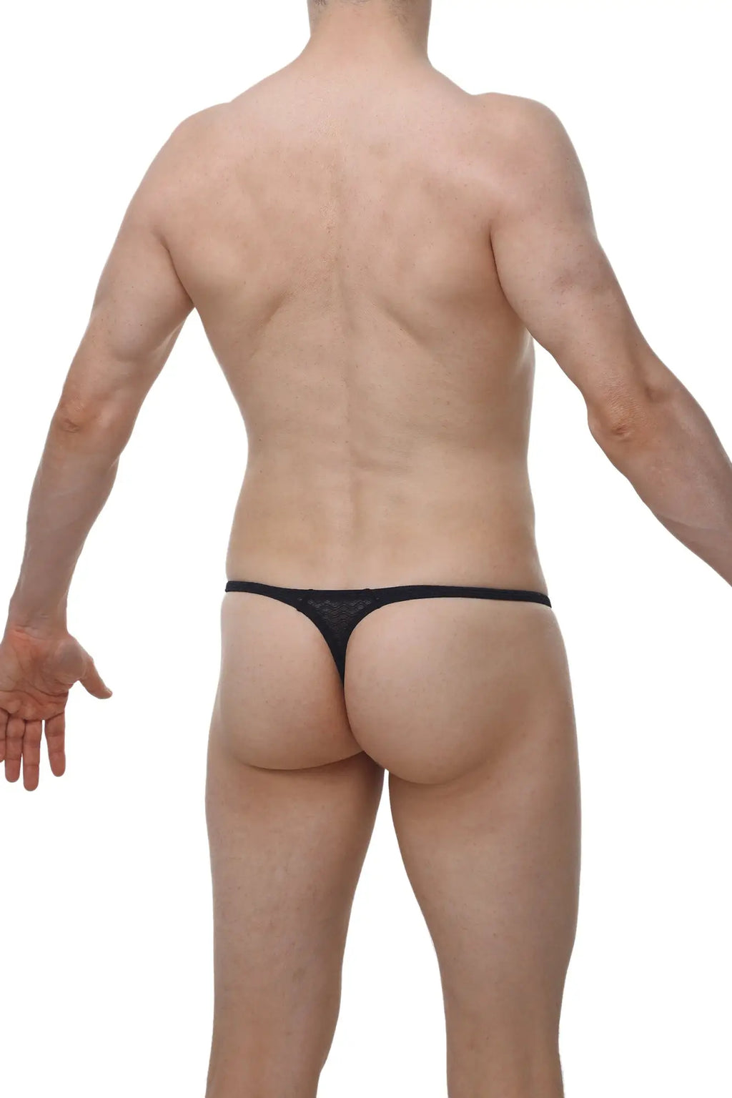 PetitQ underwear mens black mesh thong with thin sleek design by Arthus and Nico for sexy underwear use