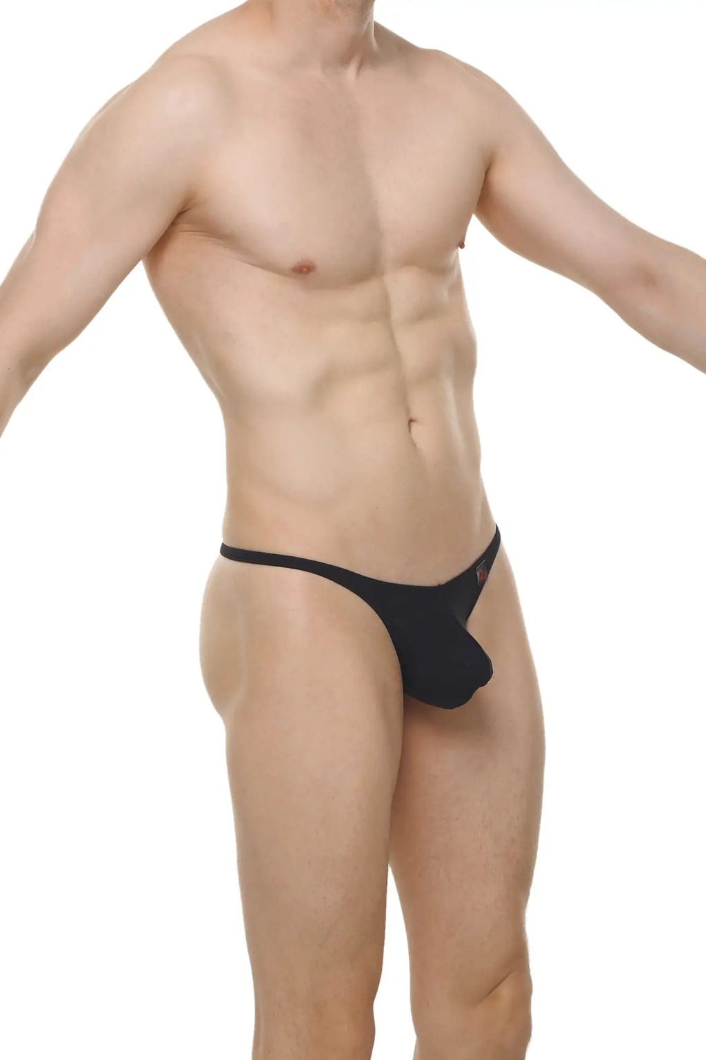 Black form-fitting thong plellis plum with contoured design and subtle branding on the side showing the back view