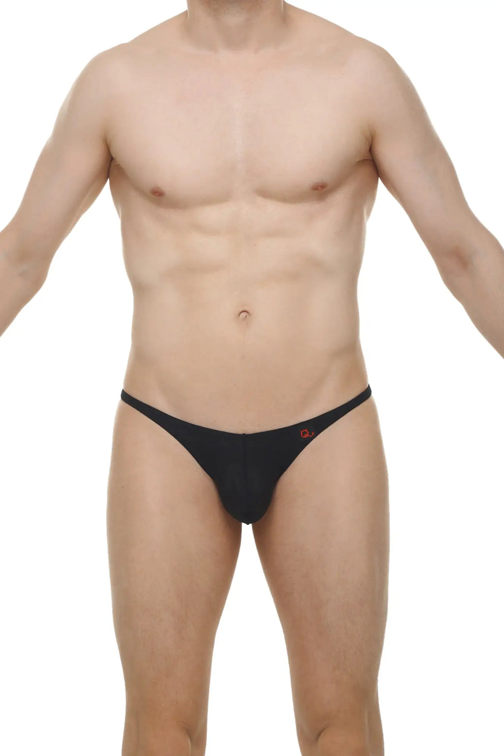 Black thong with a small red logo on the side shown from the back in the thong plellis plum black collection