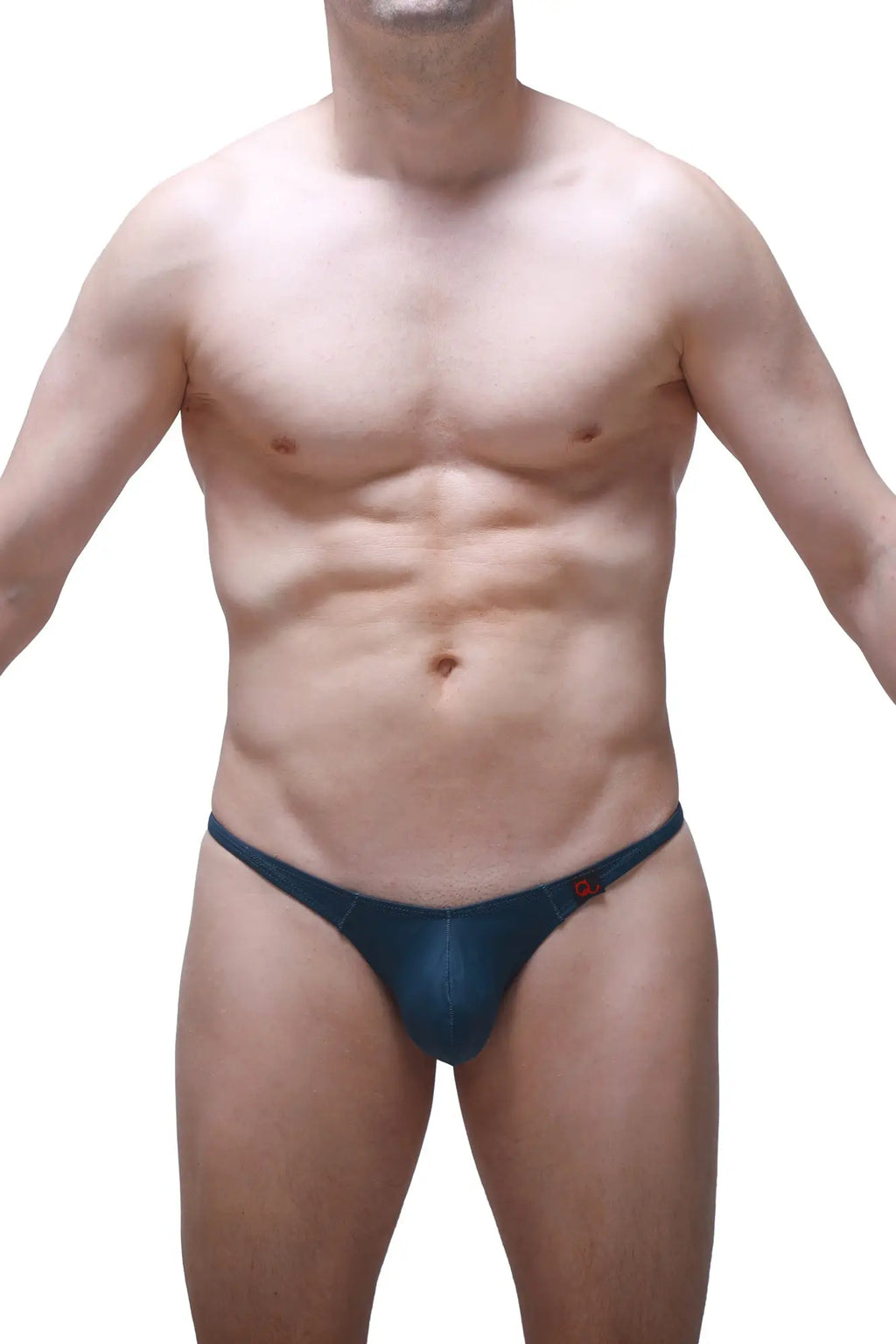 Dark blue form-fitting thong with subtle red logo on side by petitq in prussian blue color