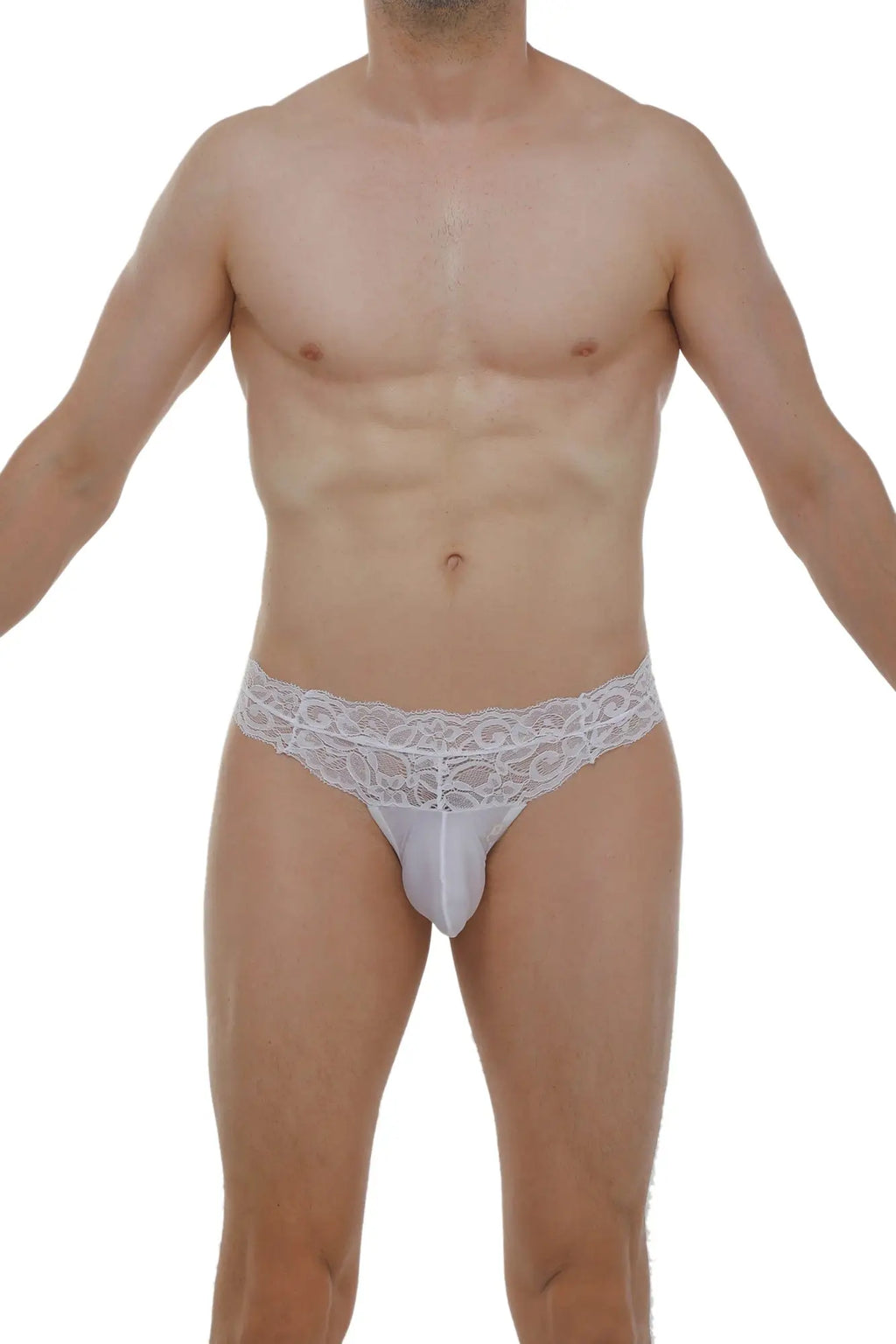 White lace-trimmed men’s thong plessis lace white with sheer form-fitting design front view