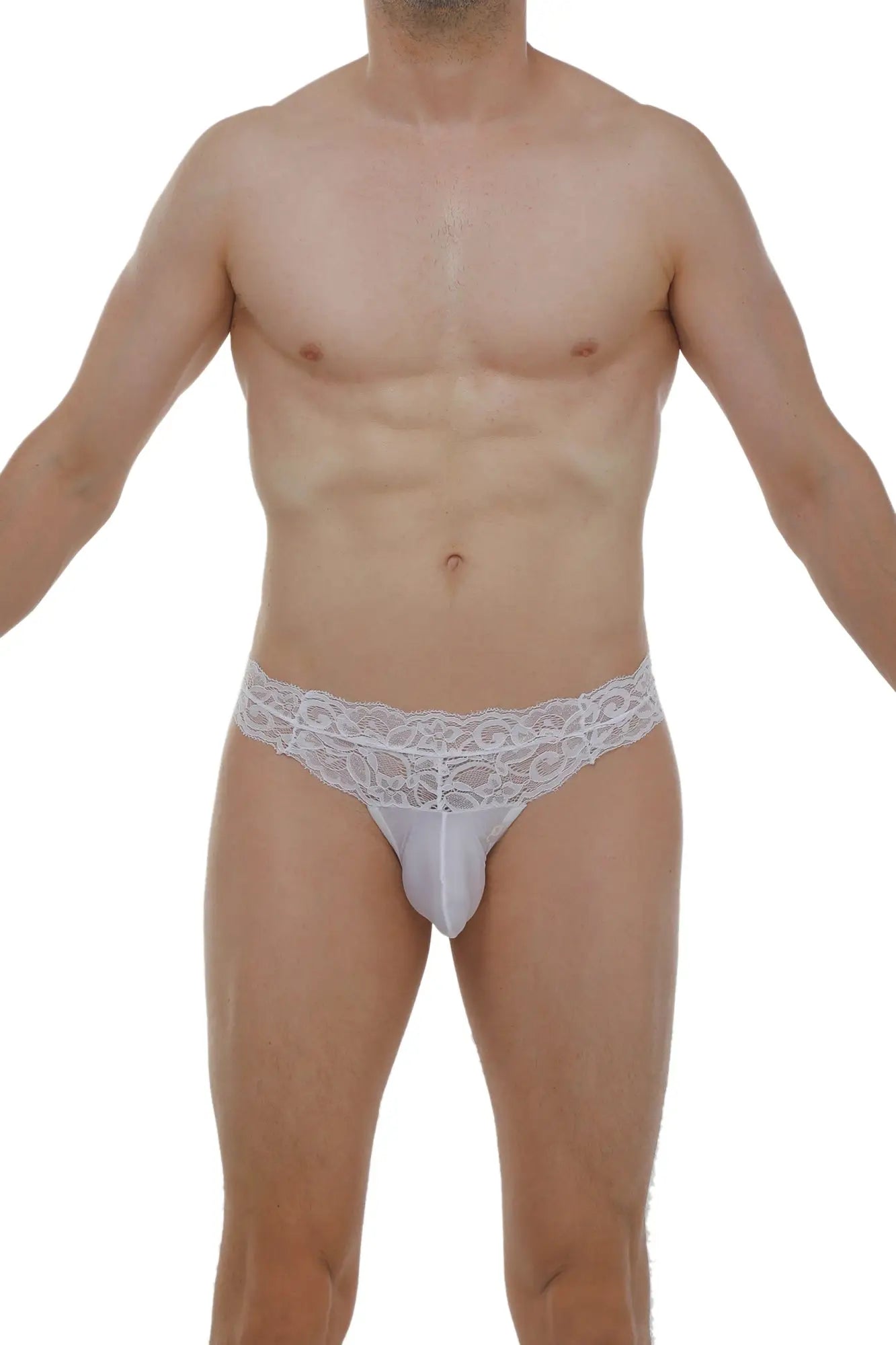 White lace-trimmed men’s thong plessis lace white with sheer form-fitting design front view
