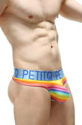 Rainbow-striped men’s briefs with a blue elastic waistband featuring the petitq brand from petitq thong protruder andiol collection