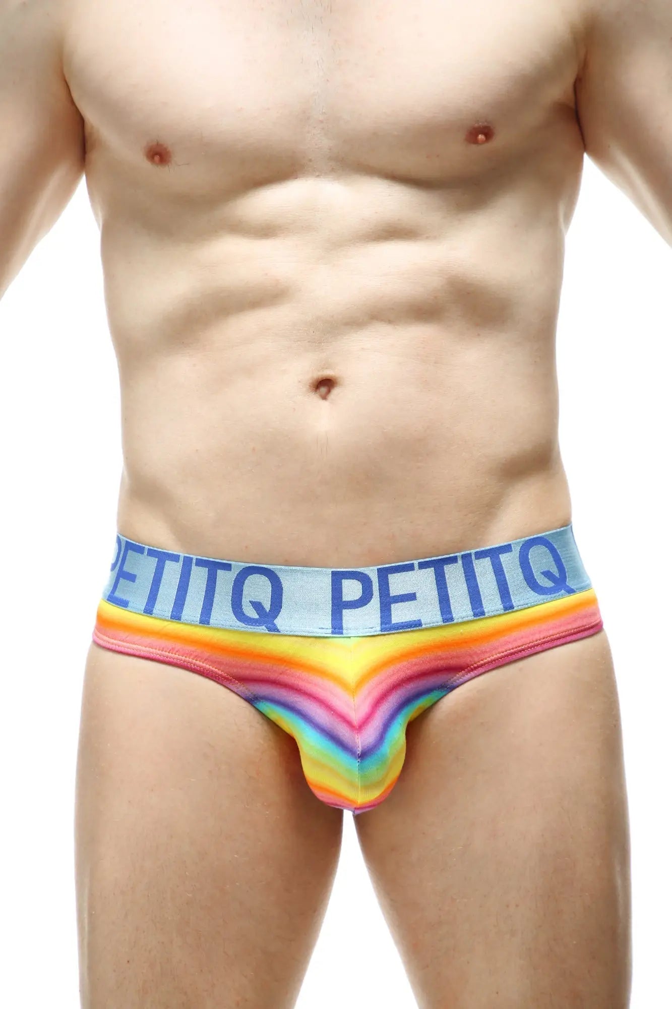 Petitq thong protruder andiol rainbow-striped men’s briefs with blue waistband and bold petitq branding