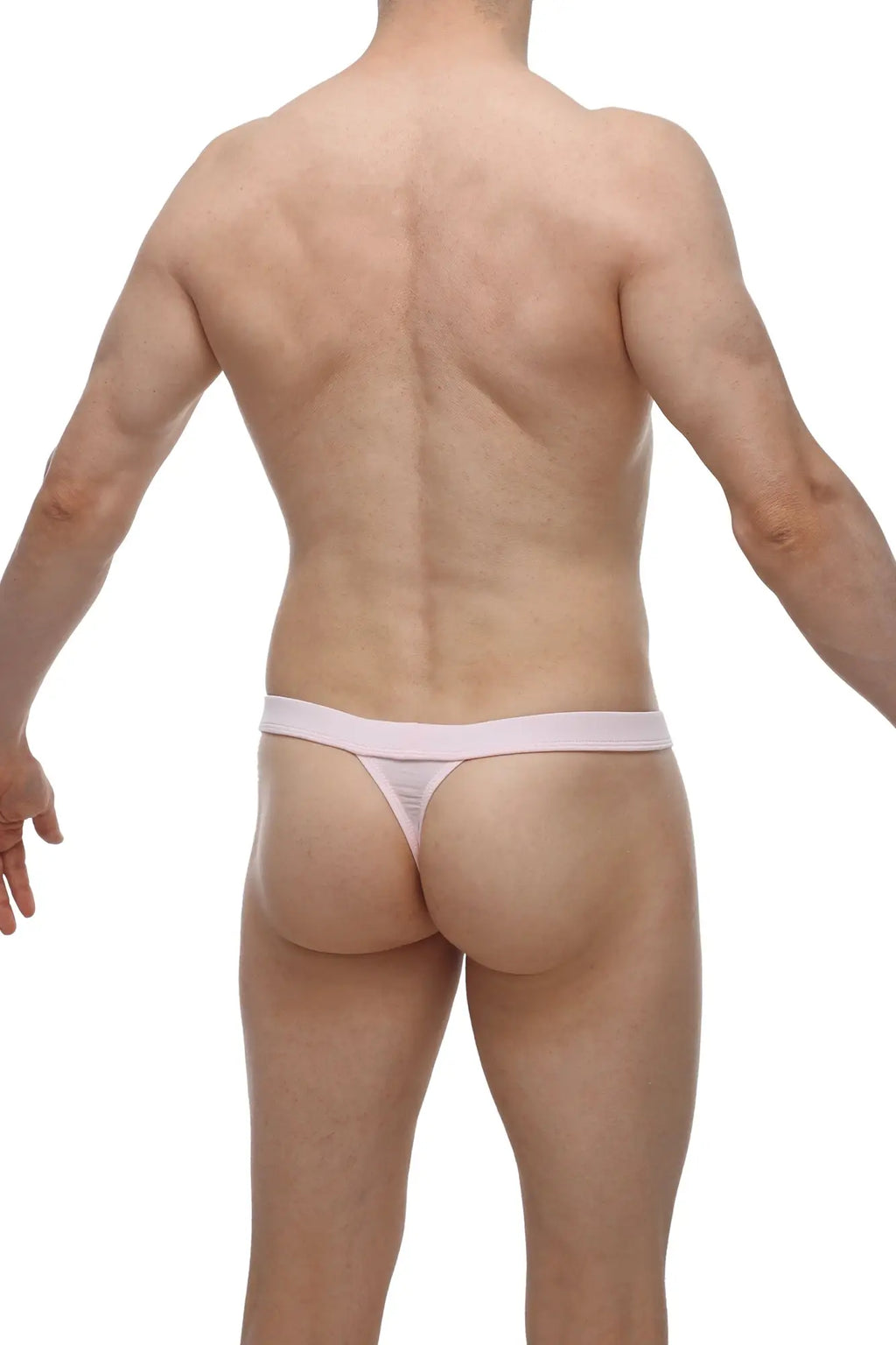 Pink thong made of smooth stretchy bamboo fabric with a minimalist design shown from the back side