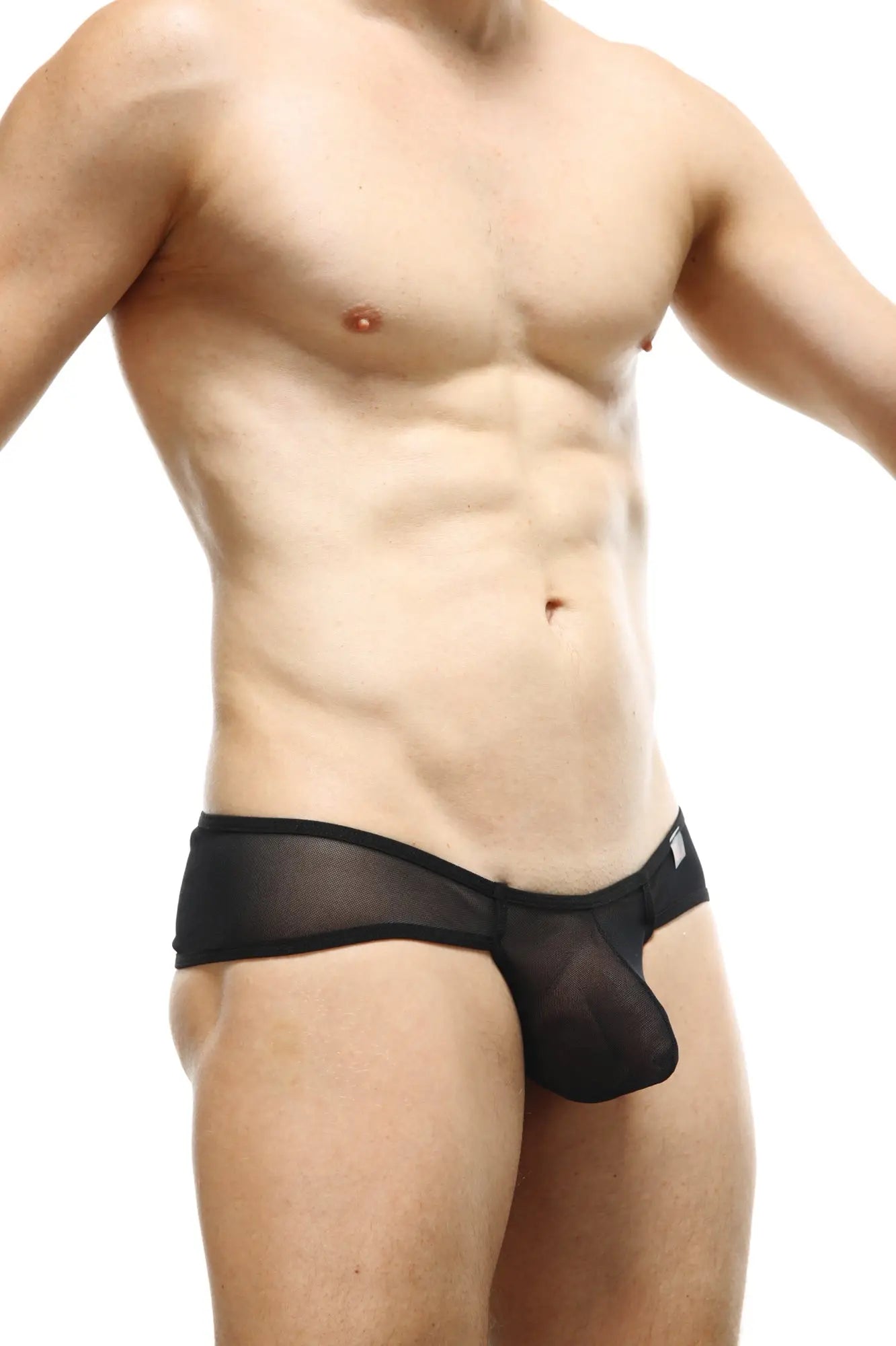 Black sheer mesh thong toga net briefs with supportive contoured design showing the front side