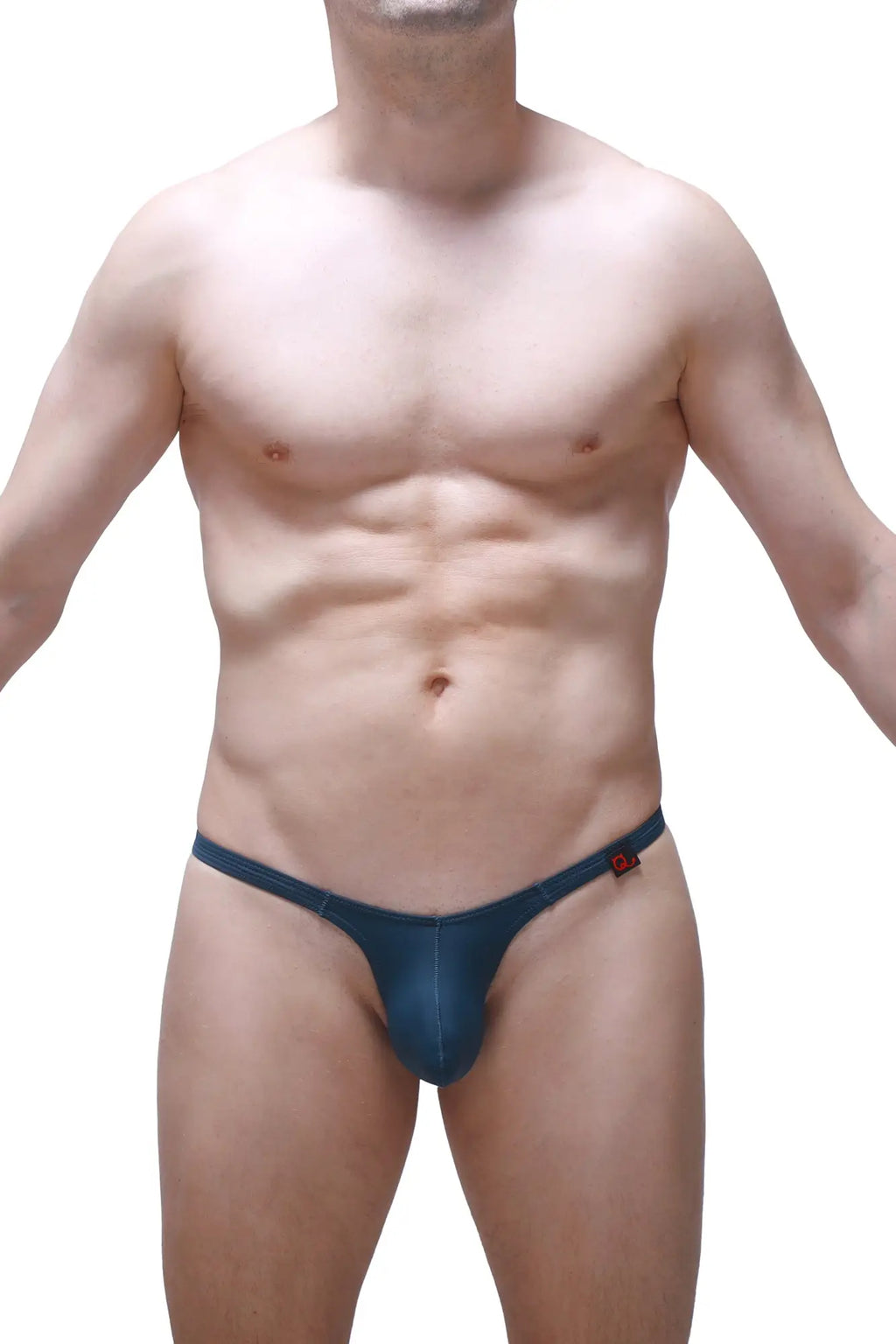 Navy blue denim PetitQ thong Yutz Prussian with a small red logo on the sideband, showing the back side