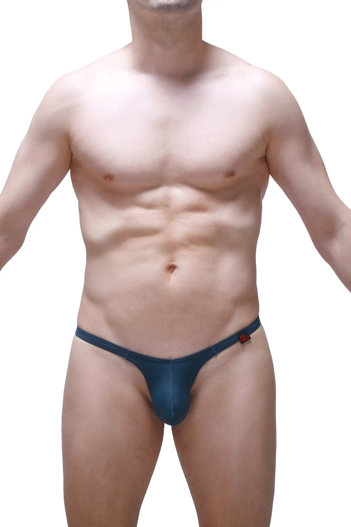 Navy blue denim PetitQ thong Yutz Prussian with a small red logo on the sideband, showing the back side