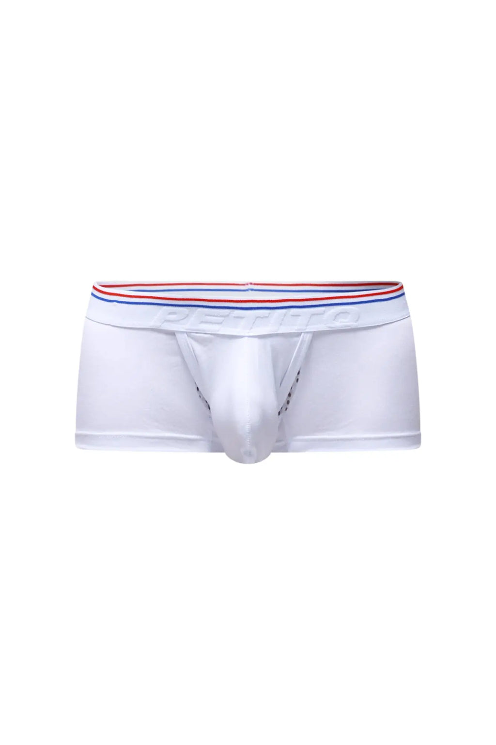 Petitq trunk algun white men’s briefs with red white and blue striped elastic waistband embossed with dentifo logo