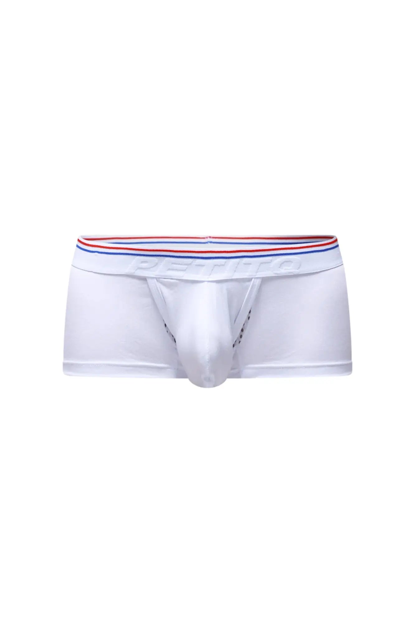 Petitq trunk algun white men’s briefs with red white and blue striped elastic waistband embossed with dentifo logo