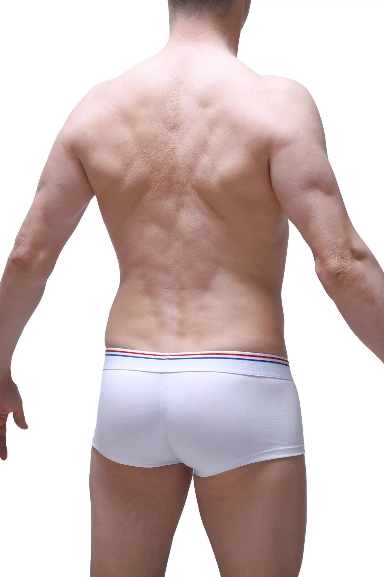 PetitQ trunk Algun white briefs with a red white and blue striped waistband made from soft breathable fabric