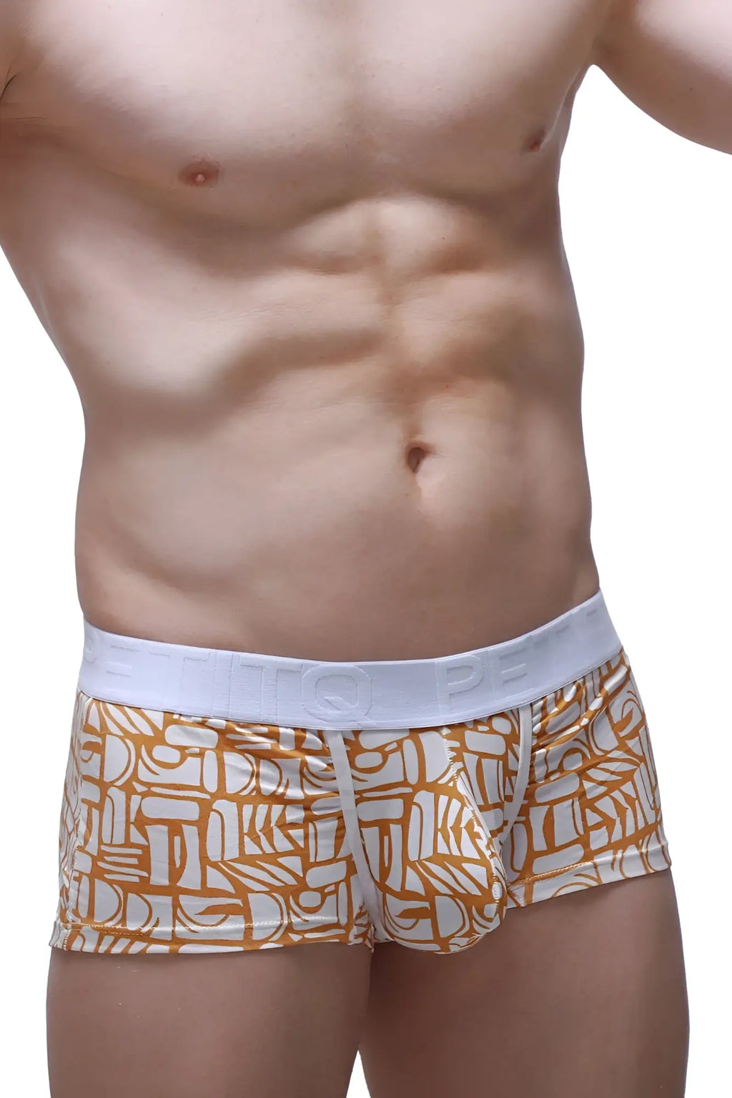 Orange and white patterned petitq trunk carlot alloy men’s briefs with solid white elastic waistband