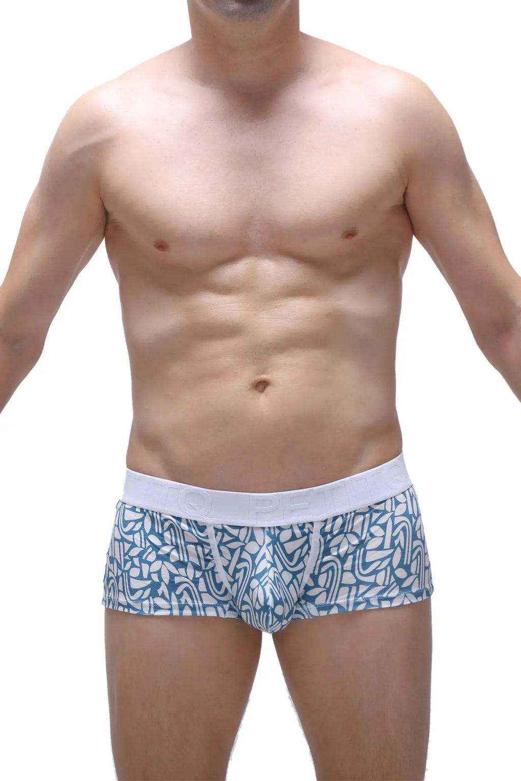 Petitq trunk carlot blue men’s briefs with blue and white pattern and solid white waistband for comfortable fit