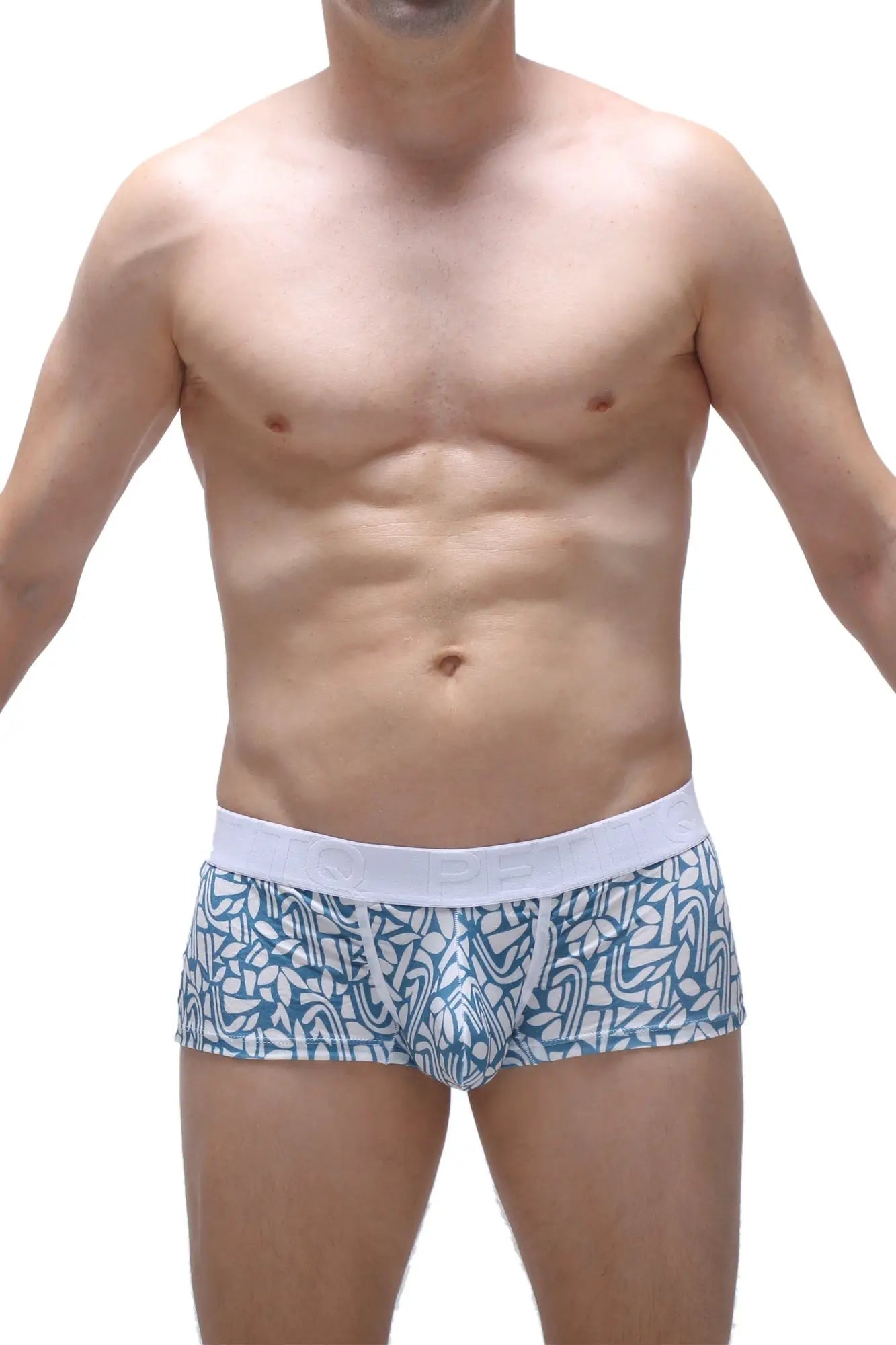 Petitq trunk carlot blue men’s briefs with blue and white pattern and solid white waistband for comfortable fit