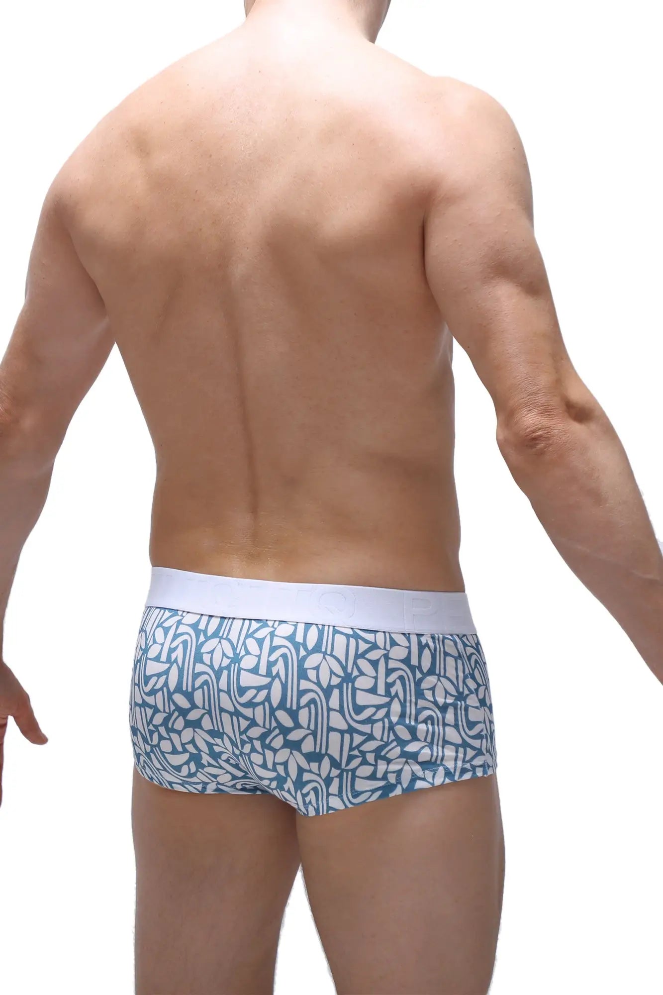 Petitq trunk carlot blue men’s briefs with blue and white pattern and solid white waistband for everyday comfort
