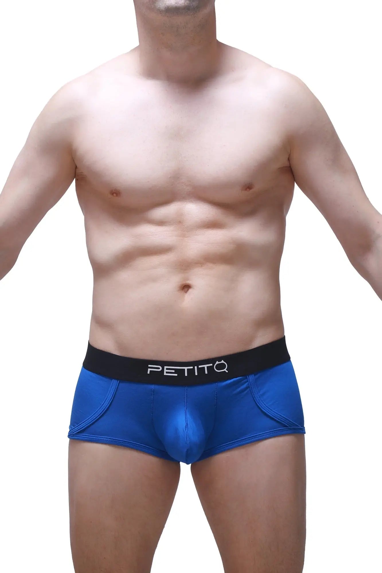 Blue petitq men’s briefs with a black waistband featuring white brand lettering petitq trunk morrier blue