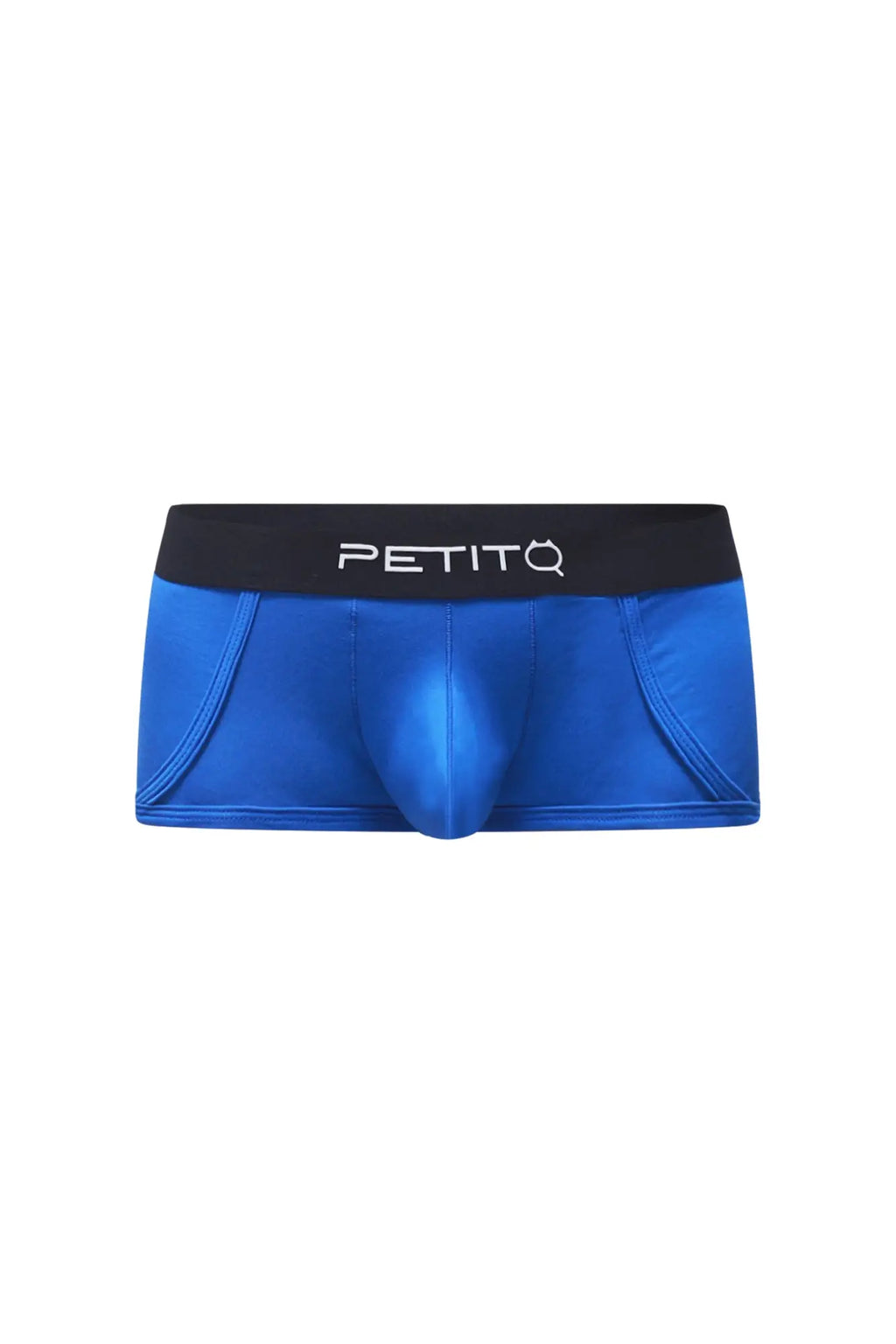 Blue petitq men’s briefs with black waistband featuring petitq logo designed for comfortable daily wear