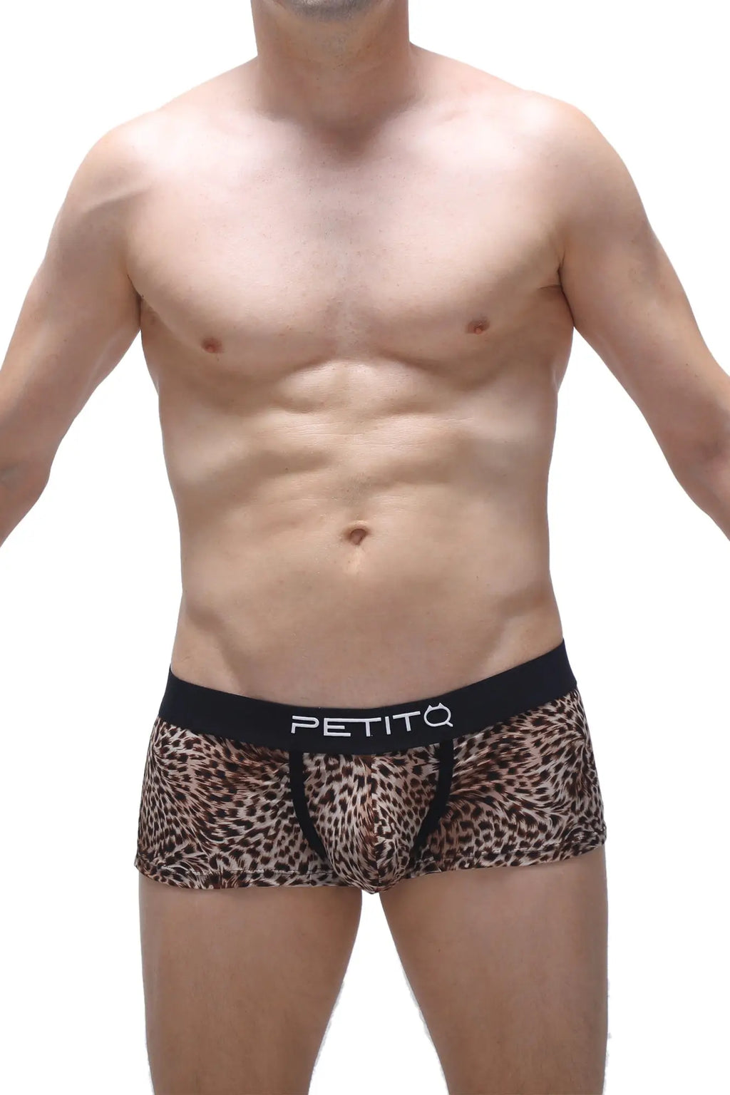 PetitQ trunk Panthere leopard-print men’s briefs with a black waistband featuring the PetitQ brand name