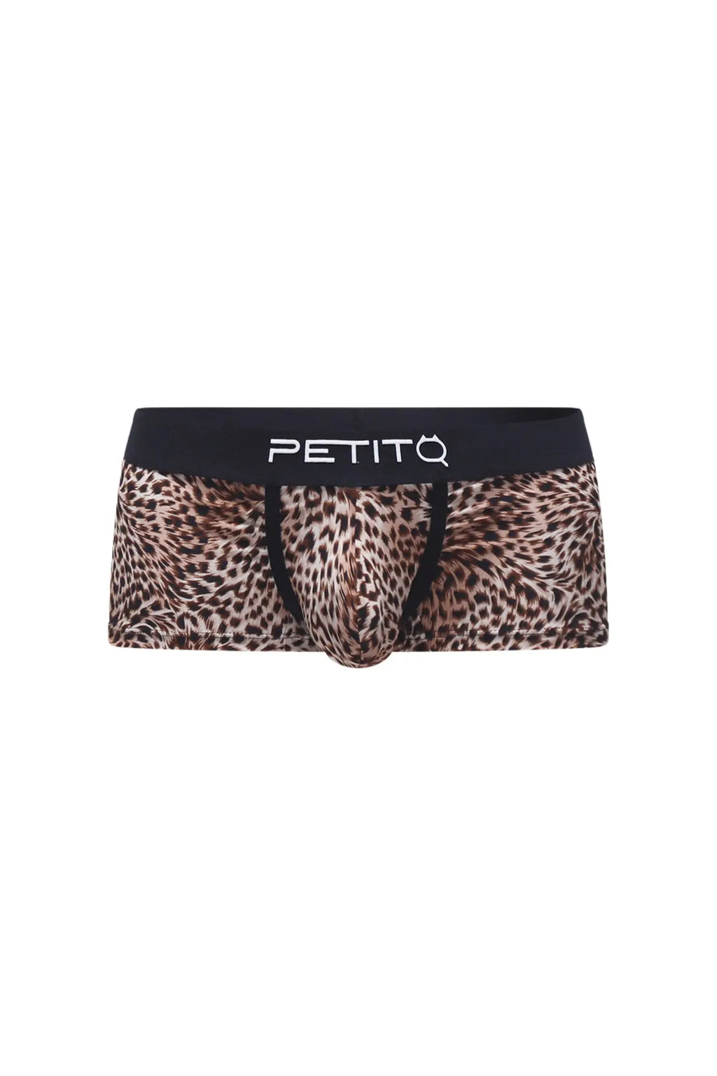 PetitQ trunk panthere leopard-print men’s briefs with black waistband featuring petitq logo in front view