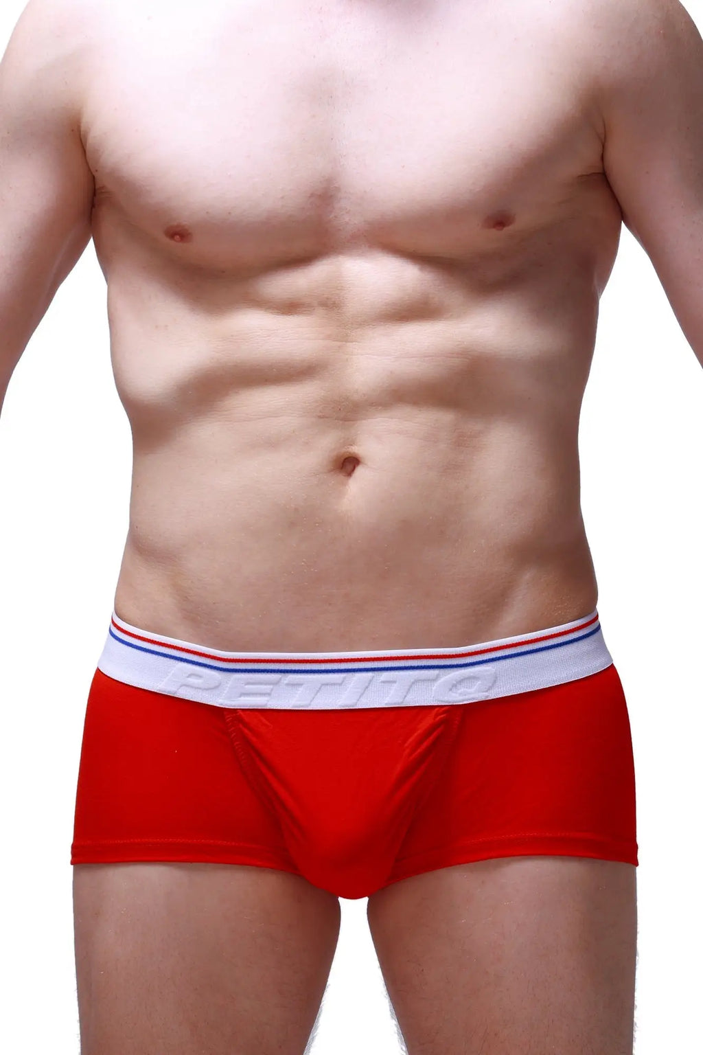 Red petitq trunk taik modal men’s briefs with white elastic waistband red and blue stripes and petitto logo in gray
