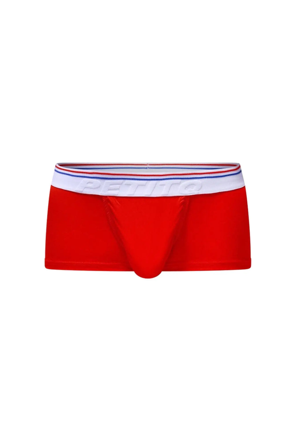 PetitQ trunk taik modal red men’s briefs with a white waistband featuring red blue stripes and perino embossed logo