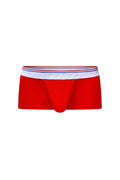 PetitQ trunk taik modal red men’s briefs with a white waistband featuring red blue stripes and perino embossed logo