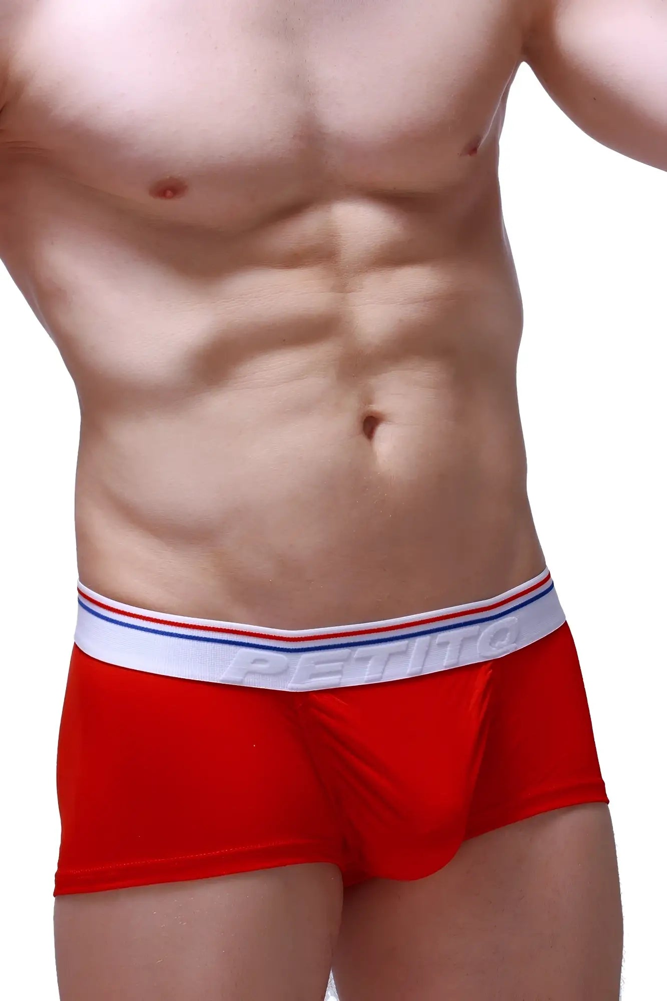 Red petitbjörn boxer briefs with white elastic waistband featuring red and blue stripes from PetitQ trunk taik modal red collection