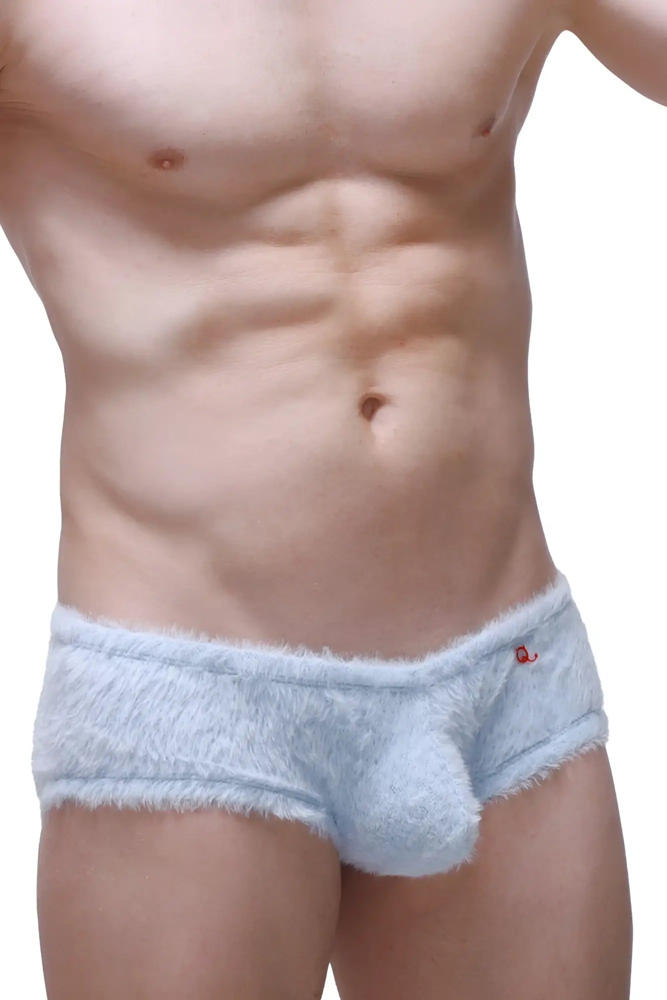 Light blue fuzzy men’s trunks with plush textured material and a small red logo on the waistband trunk yeti blue