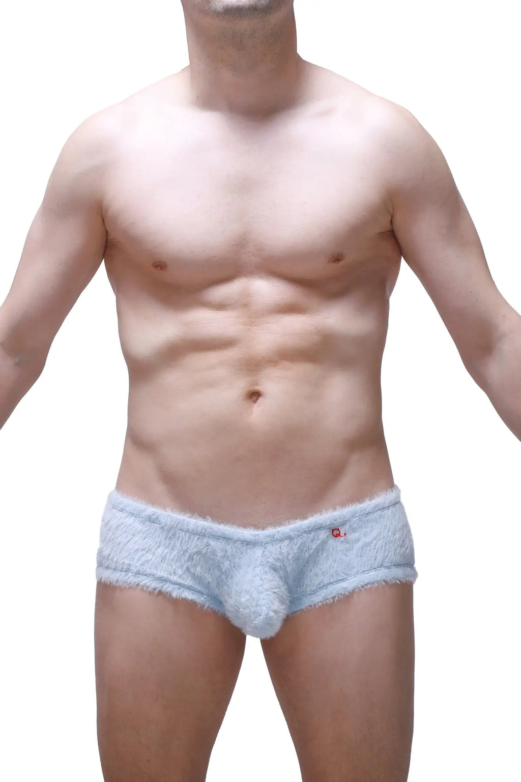 Light blue fuzzy men’s trunks with plush textured material and a small red logo on the waistband trunk yeti blue