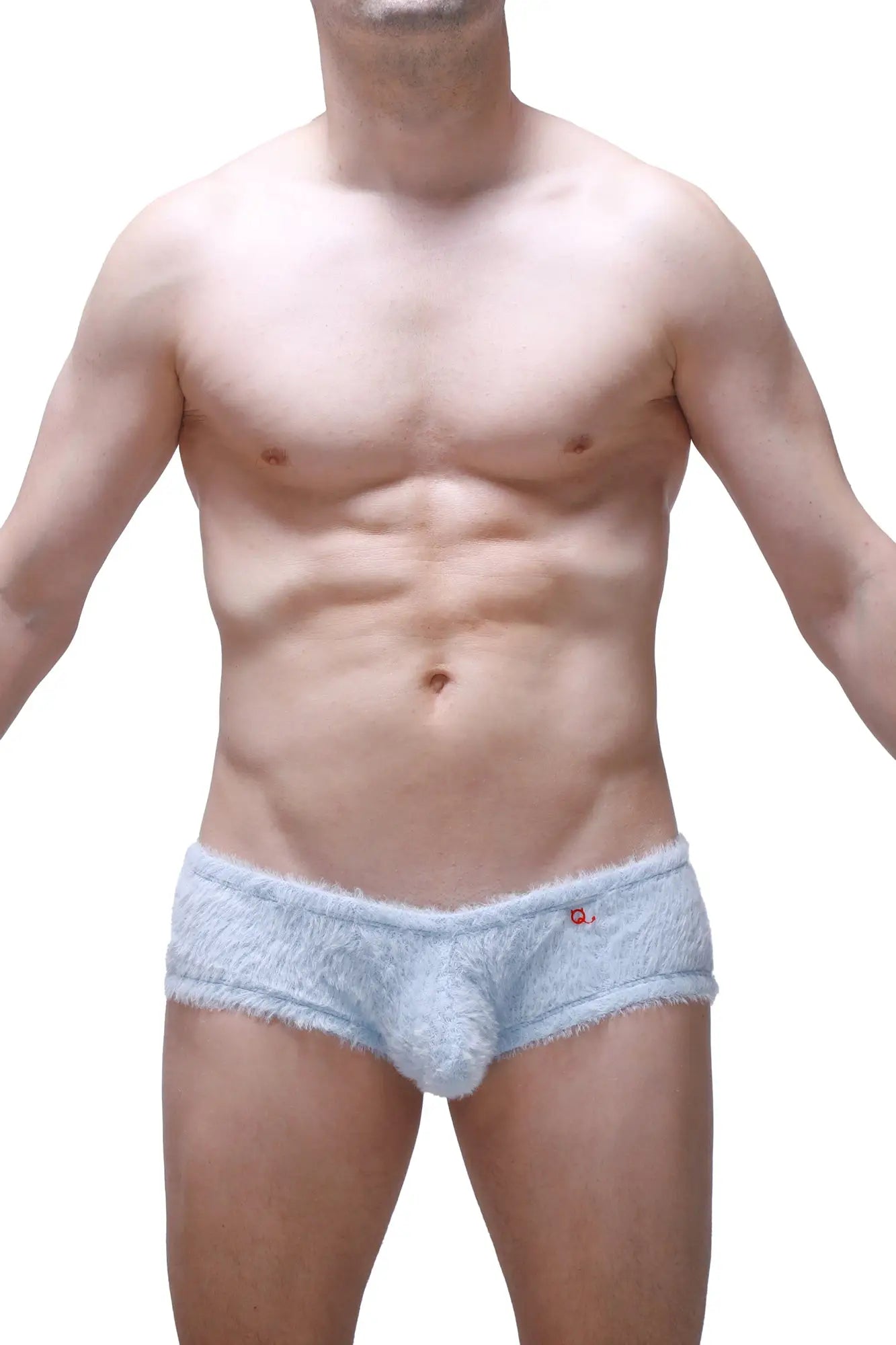 Light blue fuzzy men’s trunks with plush textured material and a small red logo on the waistband trunk yeti blue