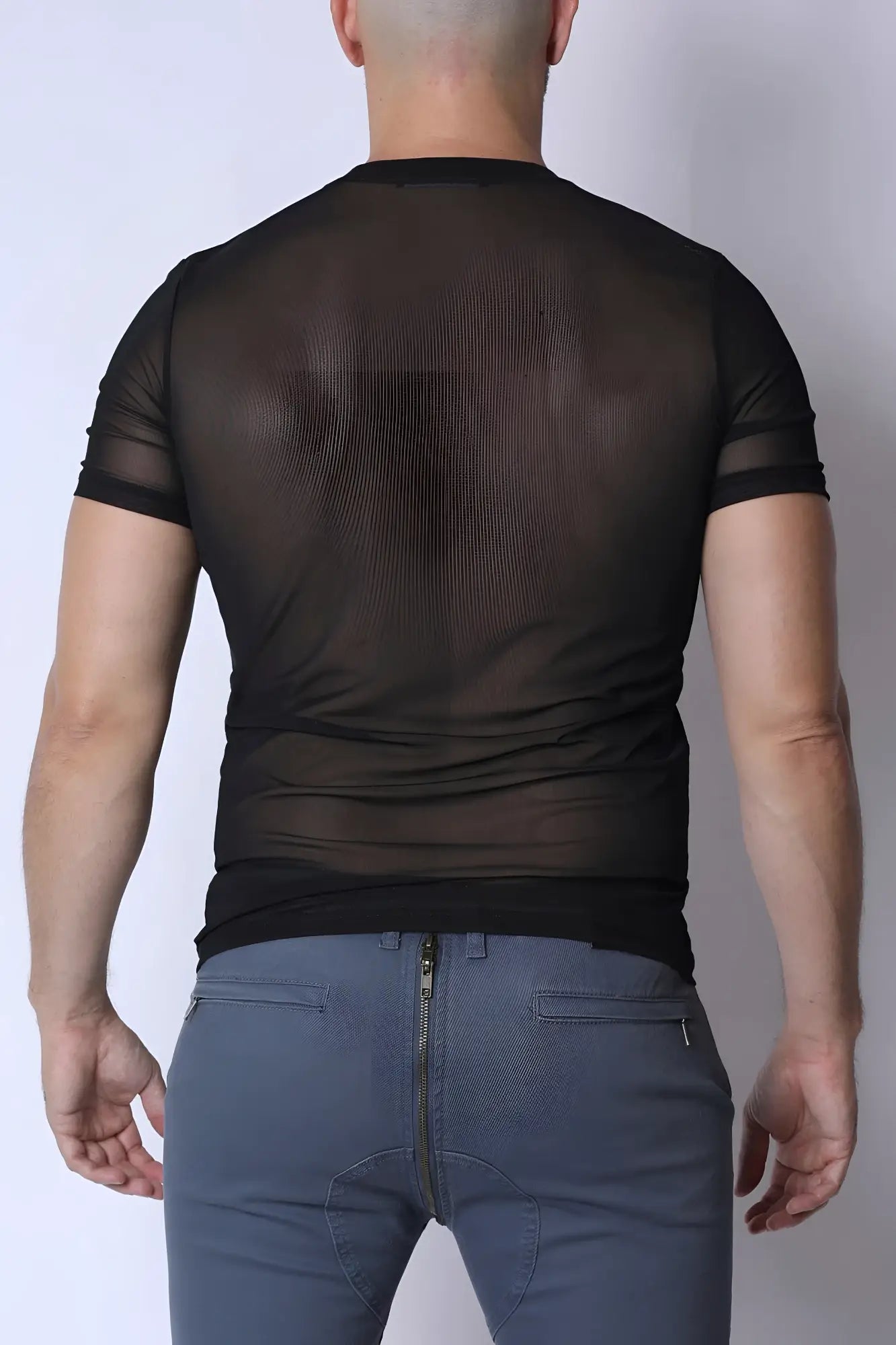 Black sheer mesh short-sleeved phantom mesh t-shirt showcasing lightweight breathable fabric design