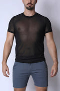 Black sheer mesh short-sleeved phantom mesh t-shirt showing front view made of lightweight breathable fabric