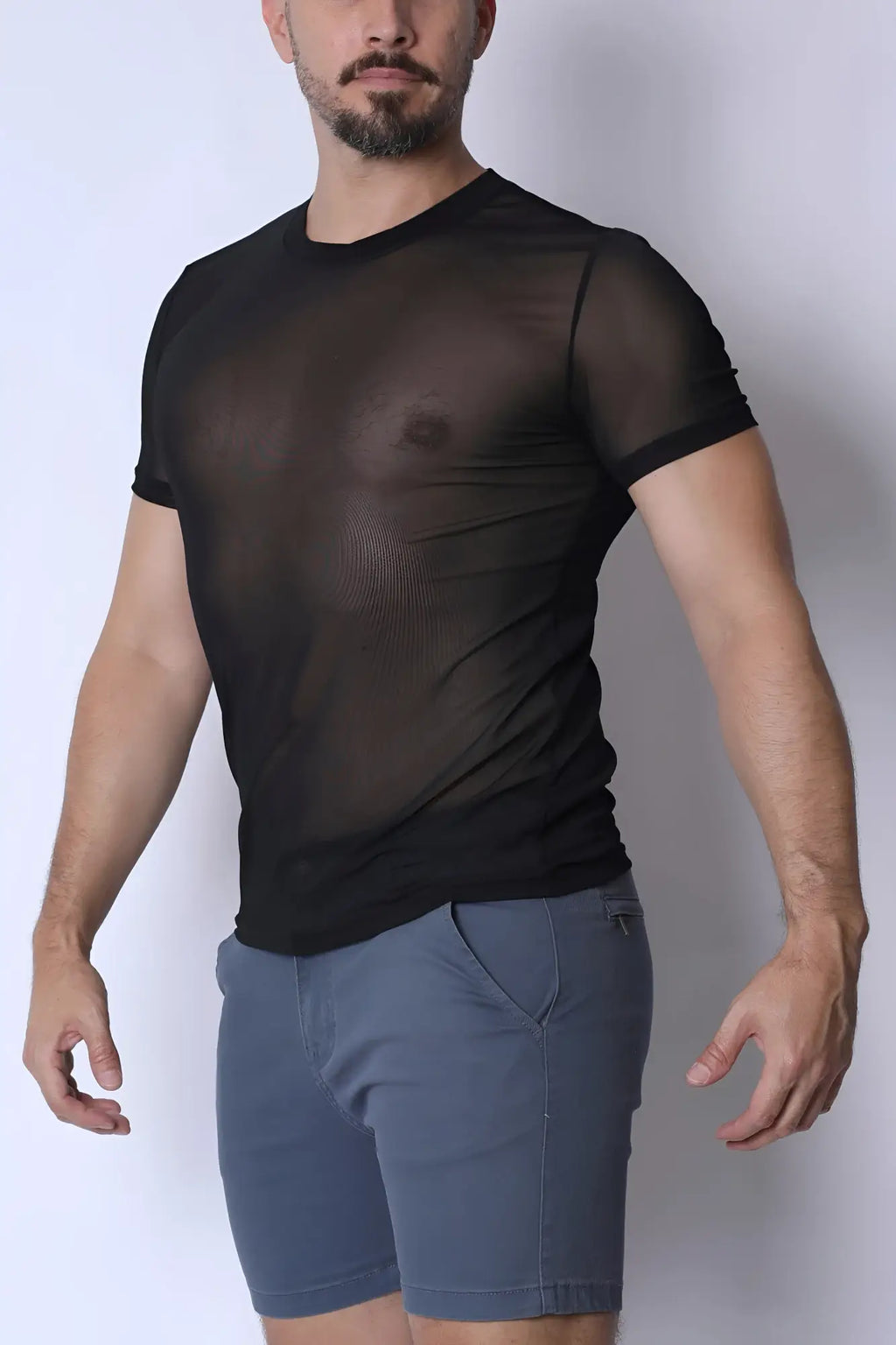 Black sheer mesh short-sleeved phantom mesh t-shirt made of lightweight breathable fabric for stylish layering