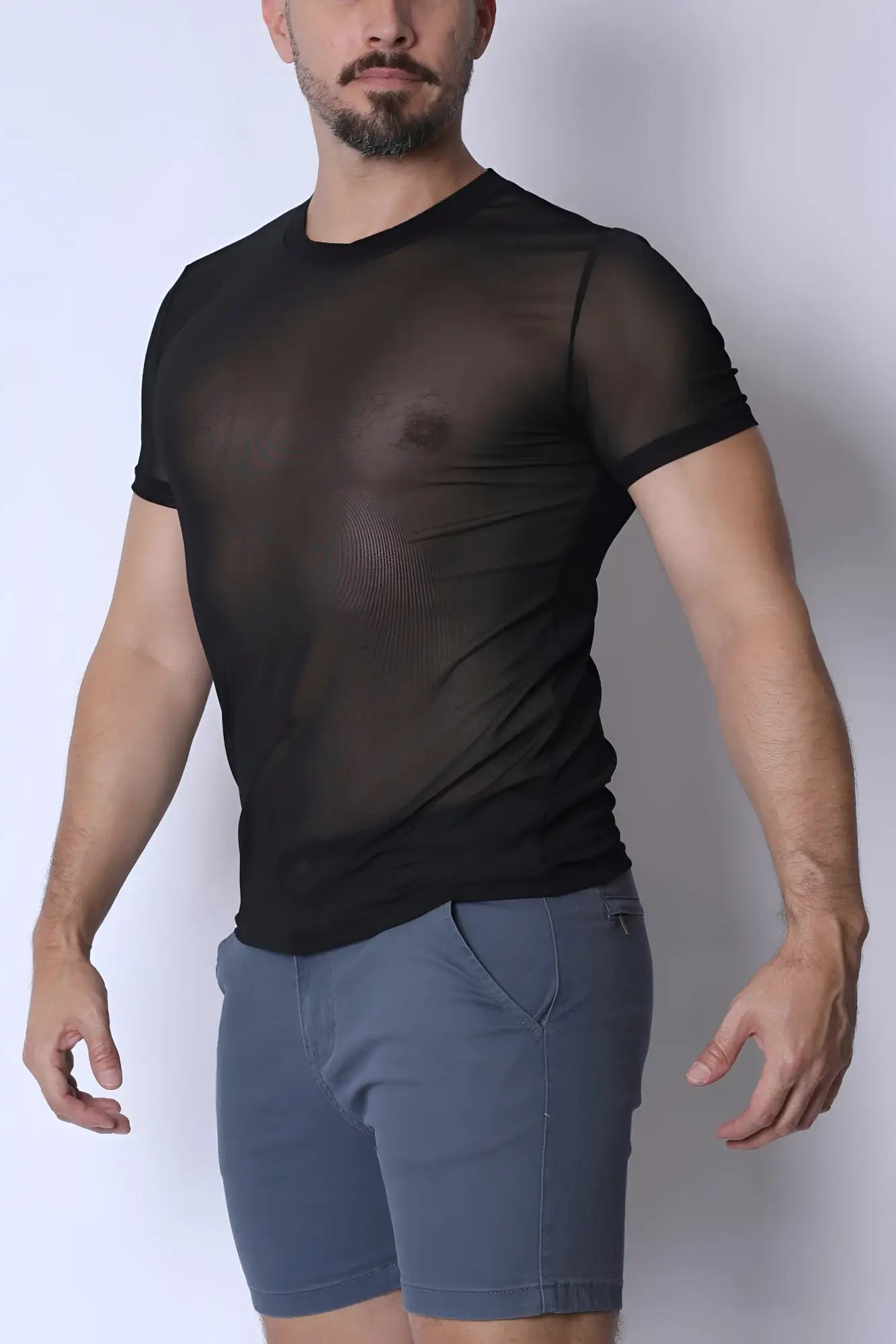 Black sheer mesh short-sleeved phantom mesh t-shirt made of lightweight breathable fabric for stylish layering