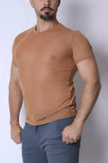 Tan form-fitting phantom mesh t shirt with short sleeves and crew neck made from breathable fabric