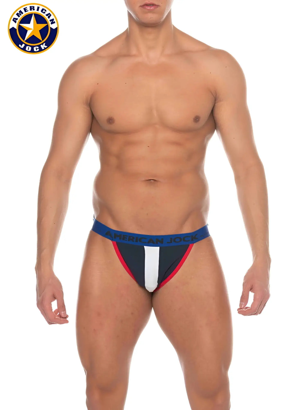 Phys ed jockstrap men’s athletic briefs in navy white and red with bold striped design for active support